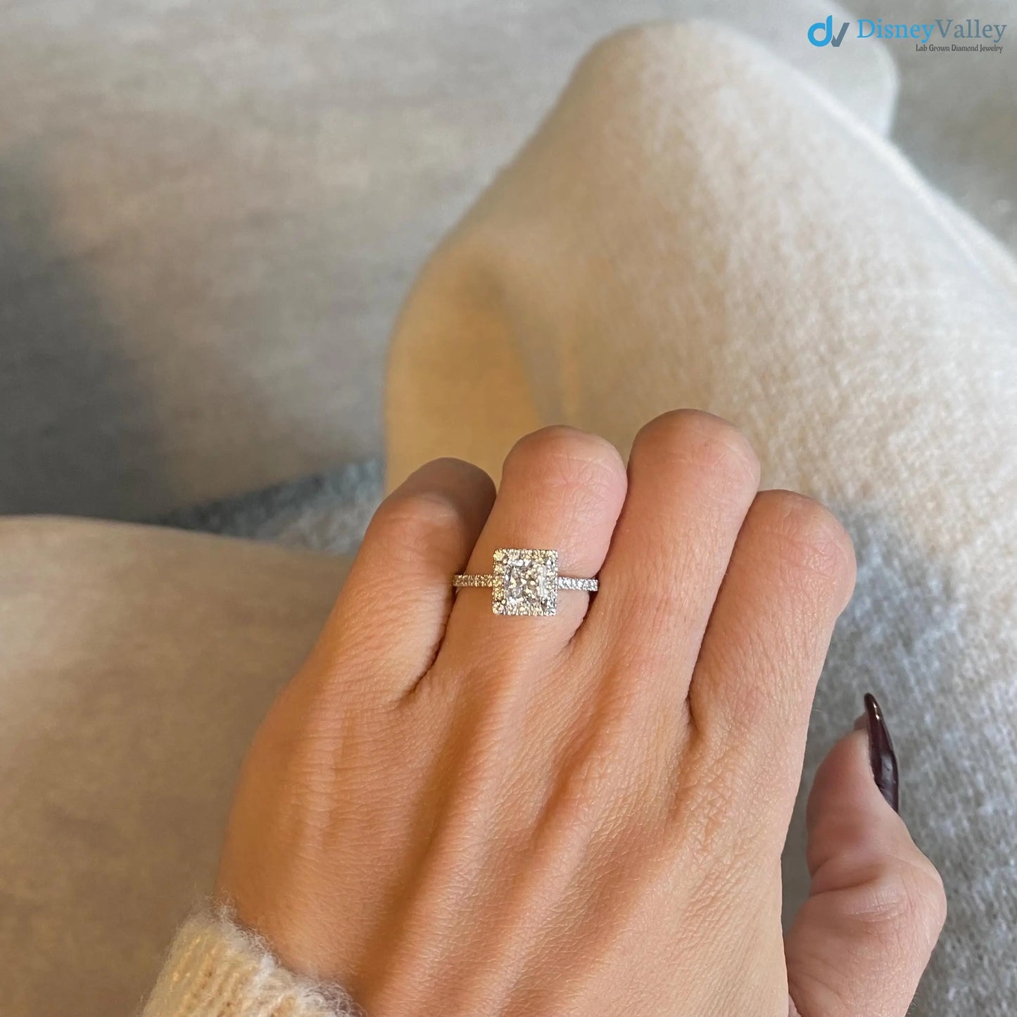 1.5 ct IGI Certified Princess Cut Lab Grown Diamond Halo Engagement Ring - DisneyValley