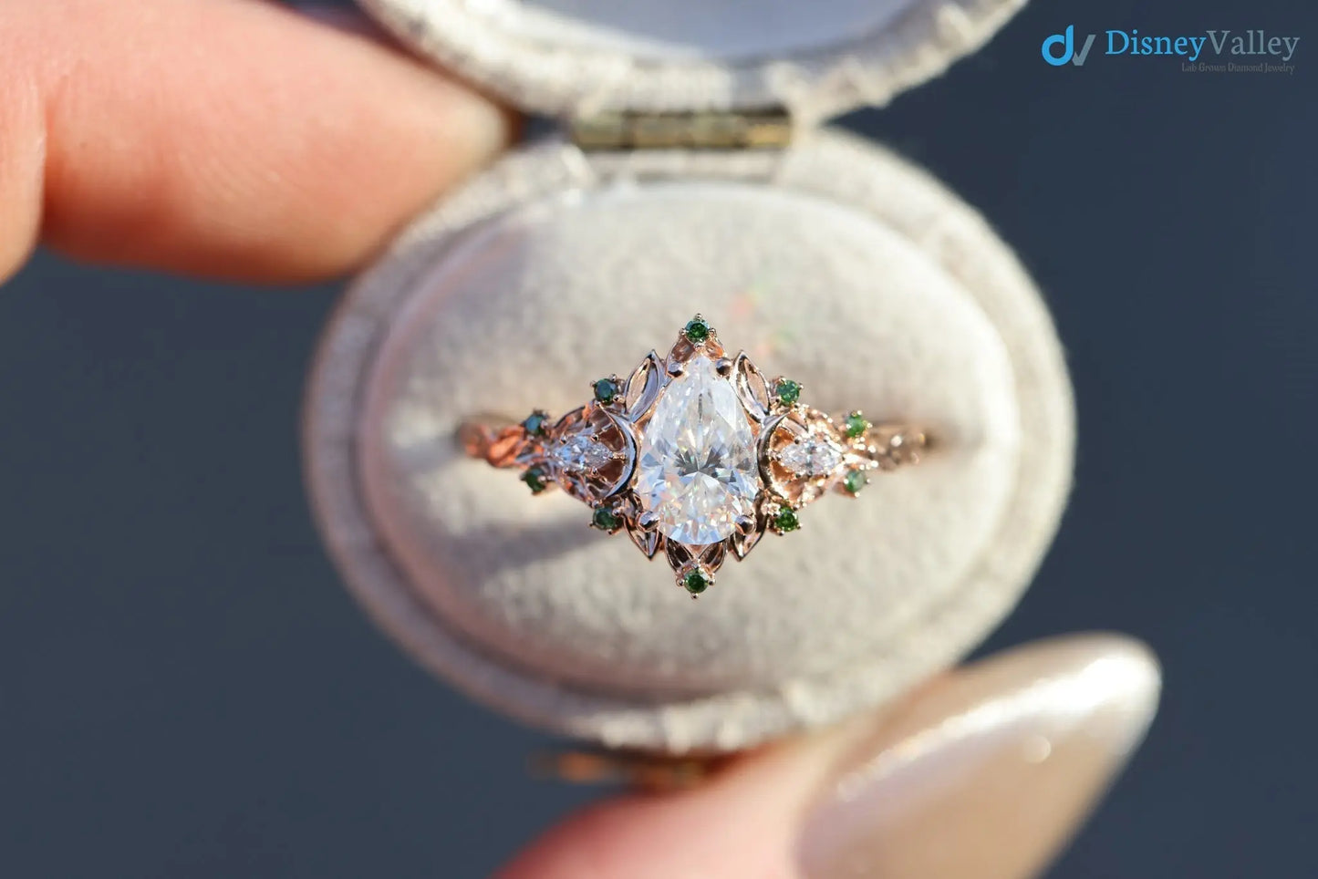 2 caret pear center lab grown with Briar moon three stone rings DisneyValley