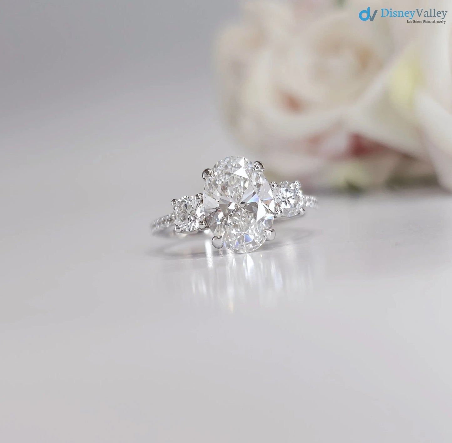 3.20 CTW Oval 3 Stone IGI Certified pave band engagement ring - DisneyValley