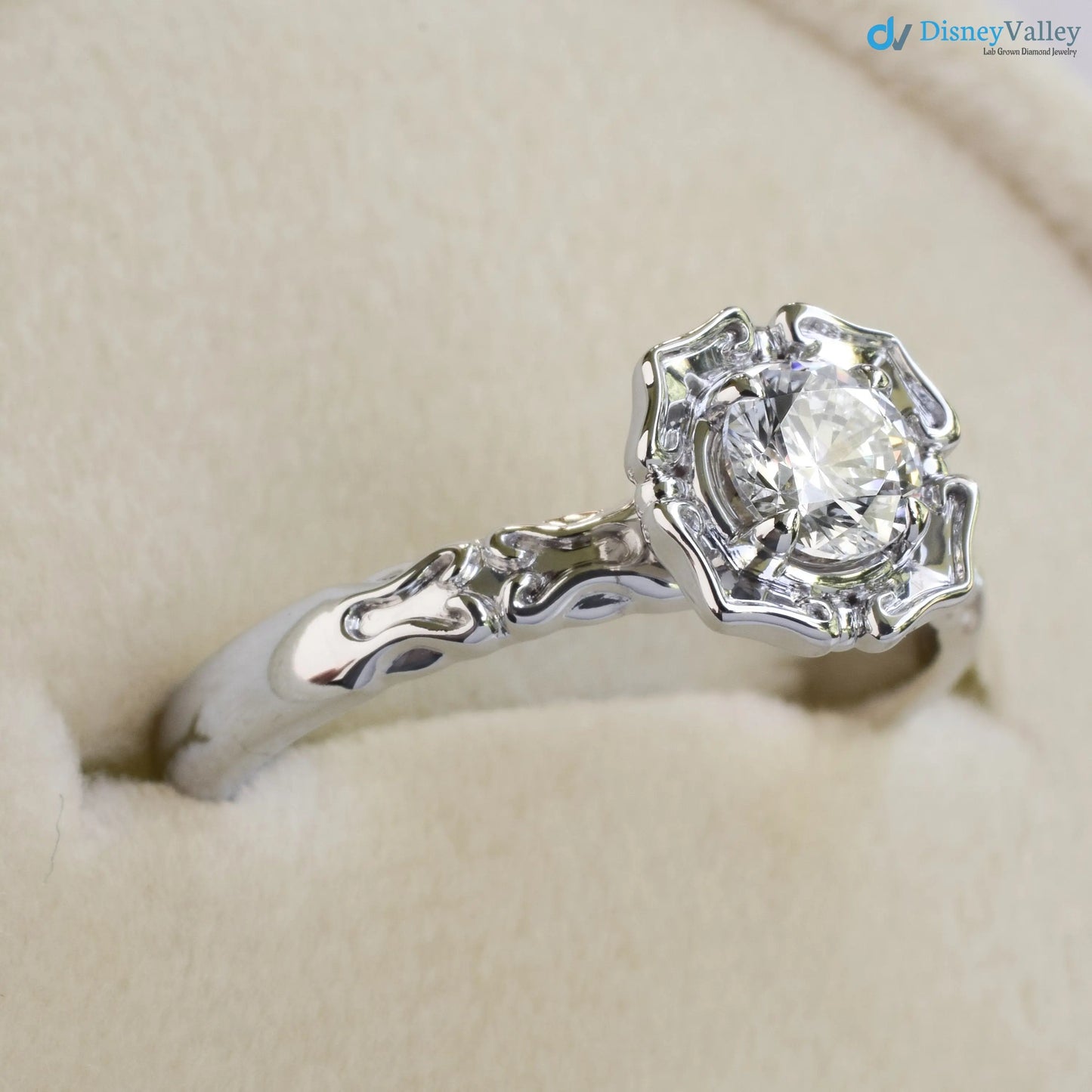 Antique Styling Flower Petals Halo Diamond Engagement Ring - DisneyValley