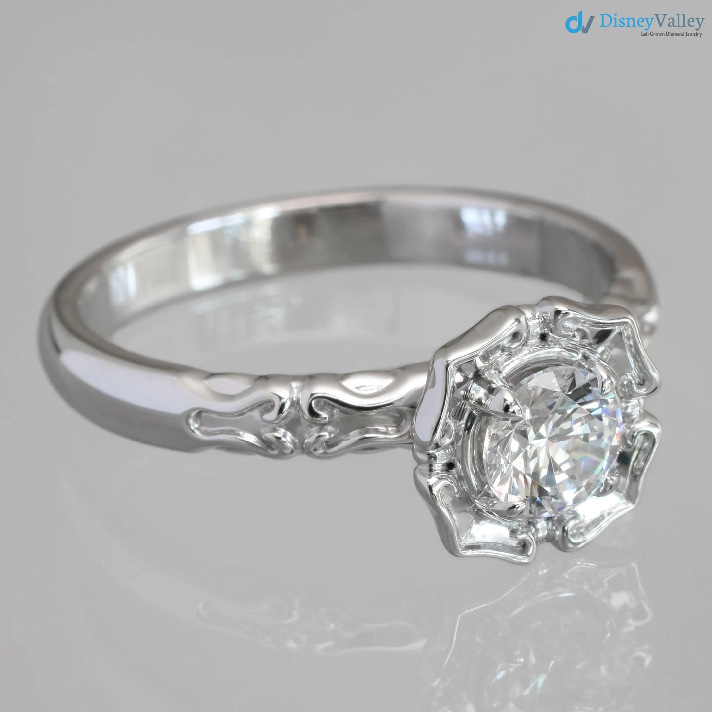 Antique Styling Flower Petals Halo Diamond Engagement Ring - DisneyValley