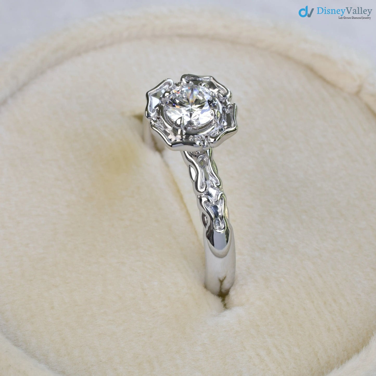 Antique Styling Flower Petals Halo Diamond Engagement Ring - DisneyValley