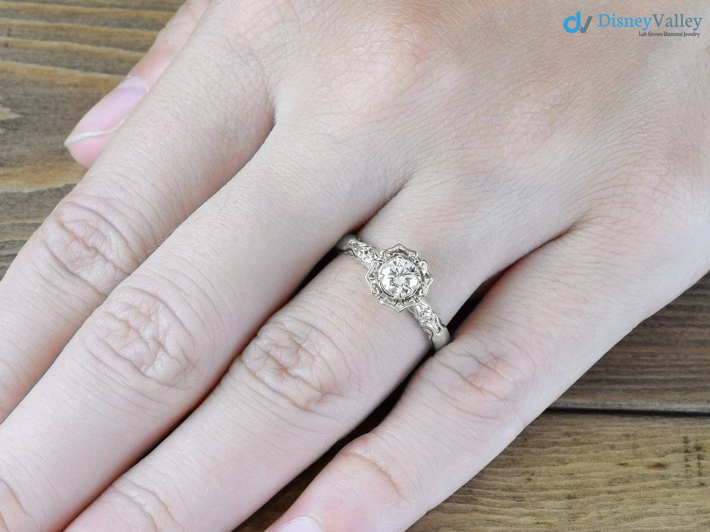 Antique Styling Flower Petals Halo Diamond Engagement Ring - DisneyValley