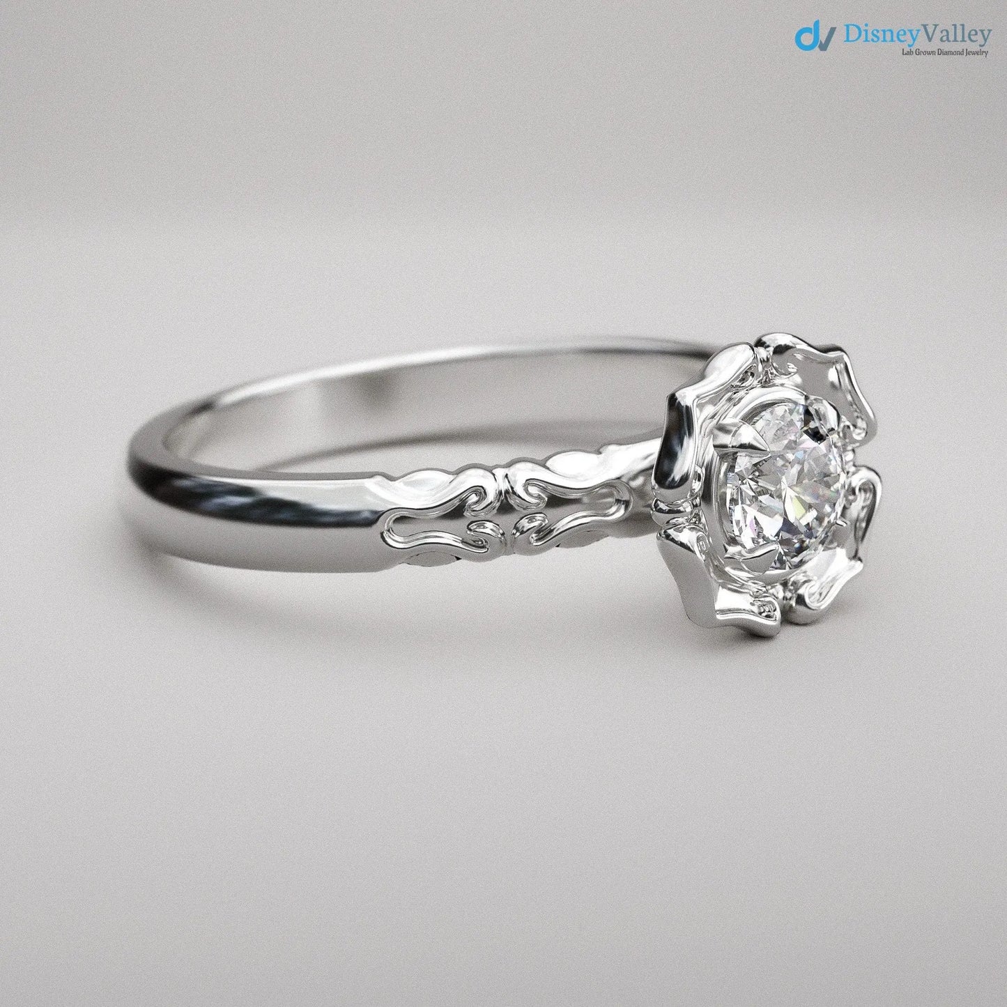 Antique Styling Flower Petals Halo Diamond Engagement Ring - DisneyValley