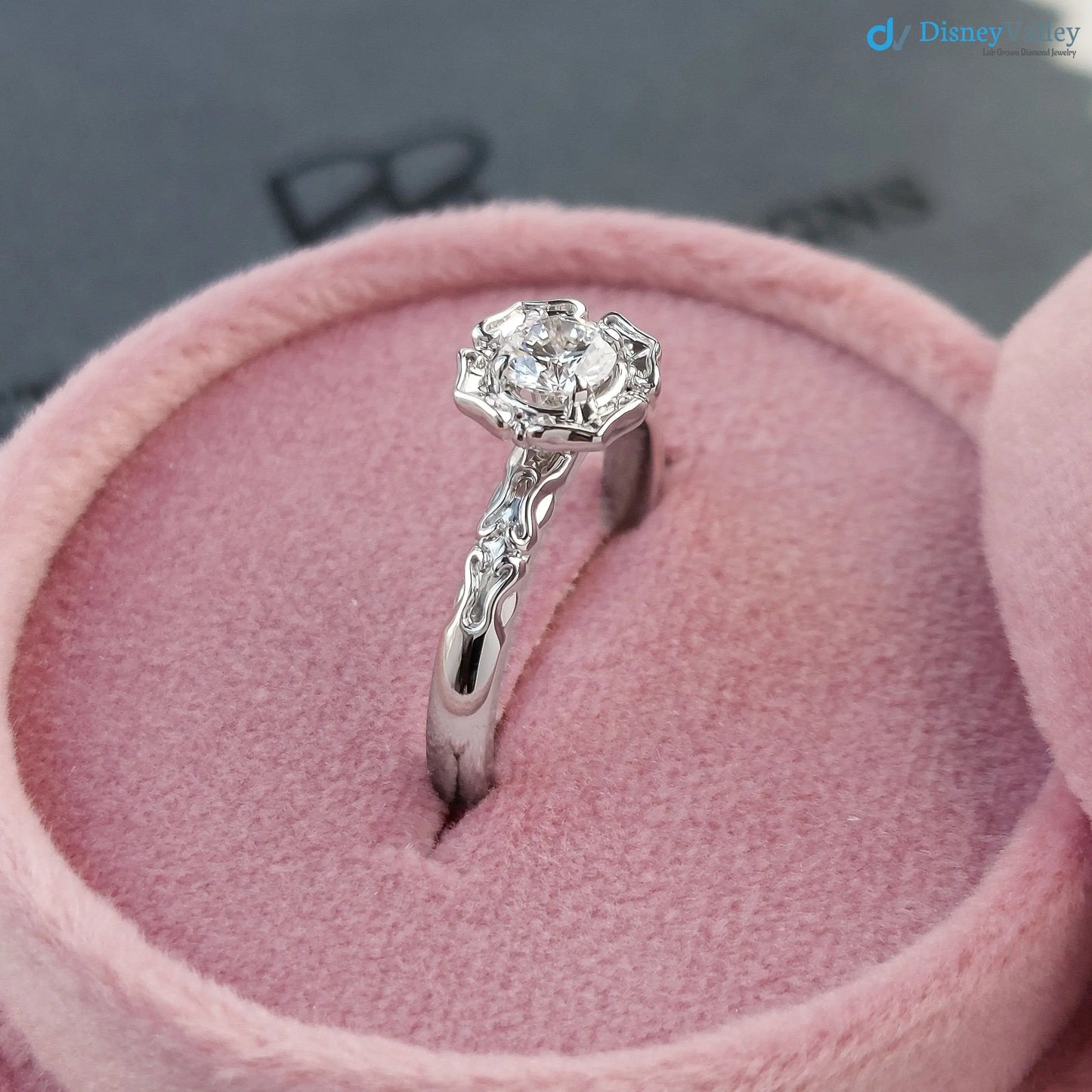 Antique Styling Flower Petals Halo Diamond Engagement Ring - DisneyValley