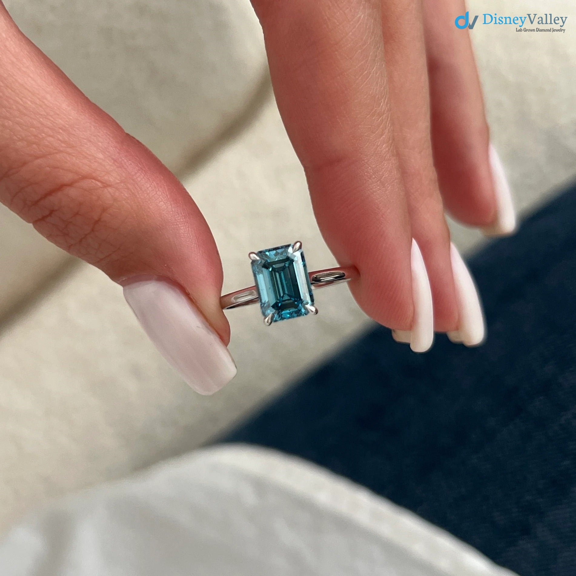 2 Carat Emerald Cut Fancy Vivid Blue Lab Grown Diamond Engagement Ring - DisneyValley