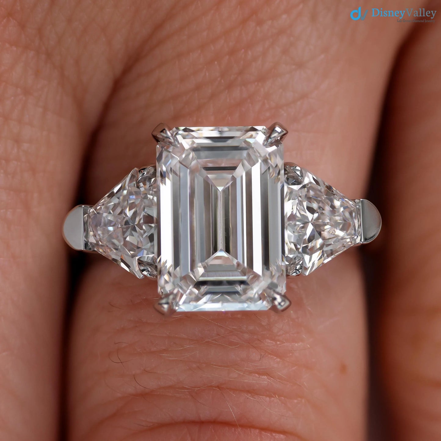 Emerald Cut Three Stone Engagement Ring Calf Cut Side Stones ring - DisneyValley