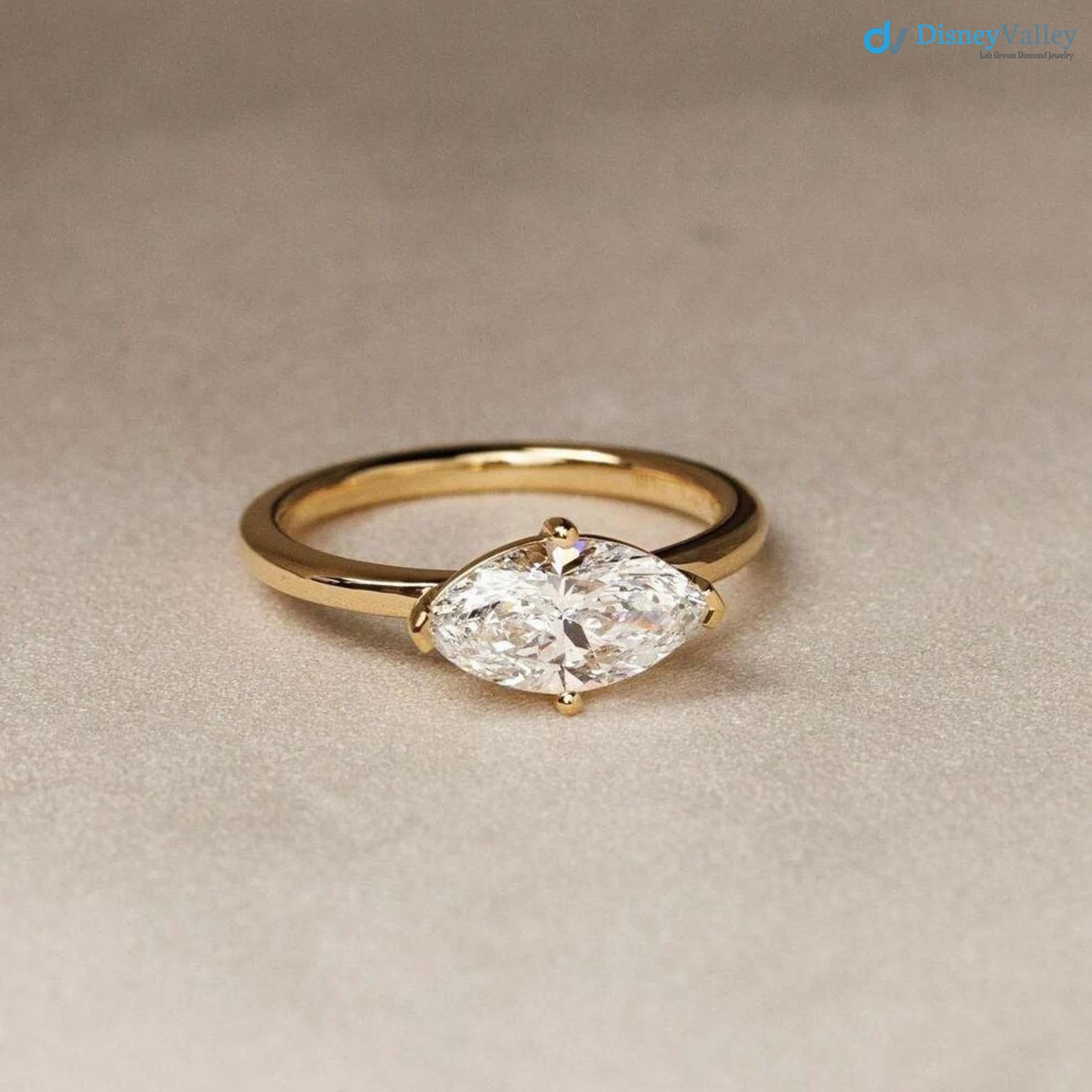 Marquise Cut East To West Set Lab Grown Diamond Solitaire Ring - DisneyValley