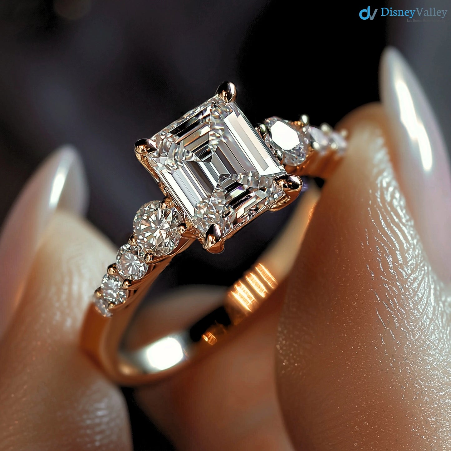 Excellent emerald cut 2 caret lab grown diamond side stone engagement ring - DisneyValley