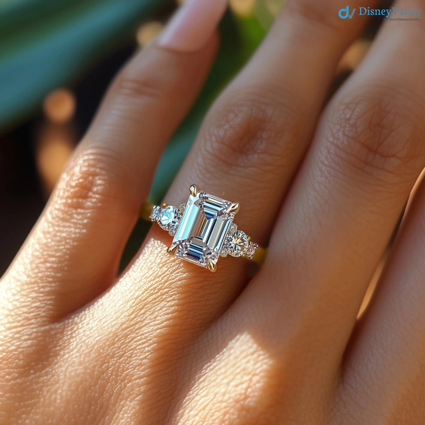 Excellent emerald cut 2 caret lab grown diamond side stone engagement ring - DisneyValley