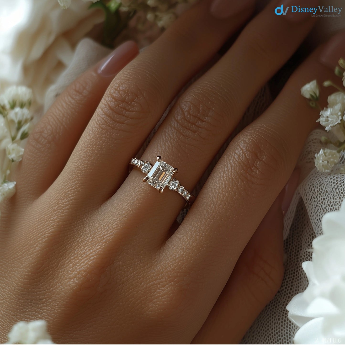 Excellent emerald cut 2 caret lab grown diamond side stone engagement ring - DisneyValley