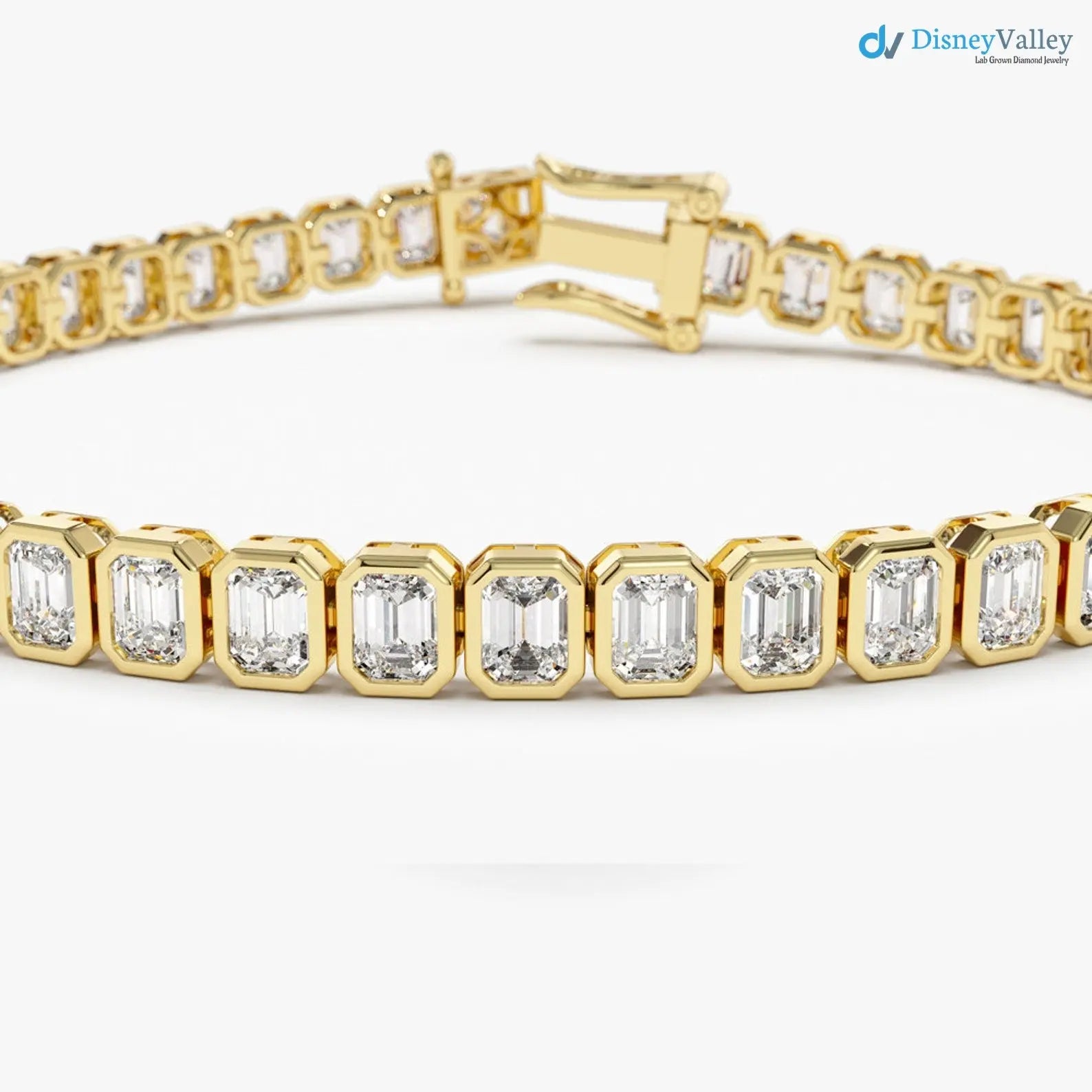 Gold Bezel Setting Emerald Cut Natural Diamond Tennis Bracelet - DisneyValley