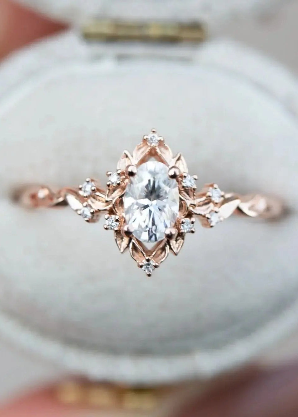 Oval Cut Lab Grown Diamond with Rose Floral Halo wedding rings DisneyValley