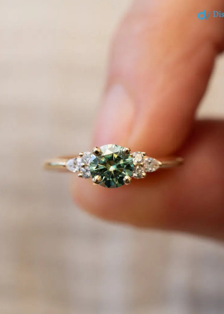 Round Cut green vivid color lab diamond accented engagement ring - DisneyValley