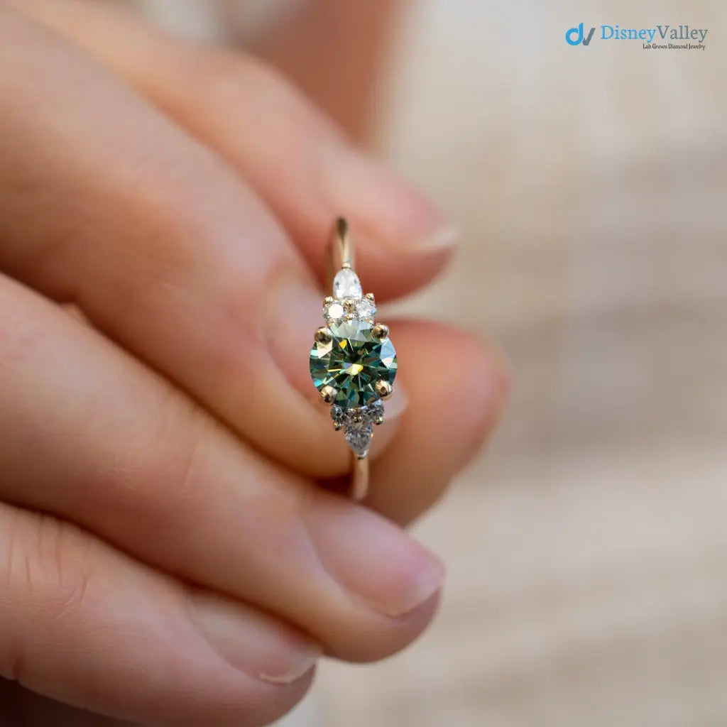 Round Cut green vivid color lab diamond accented engagement ring - DisneyValley