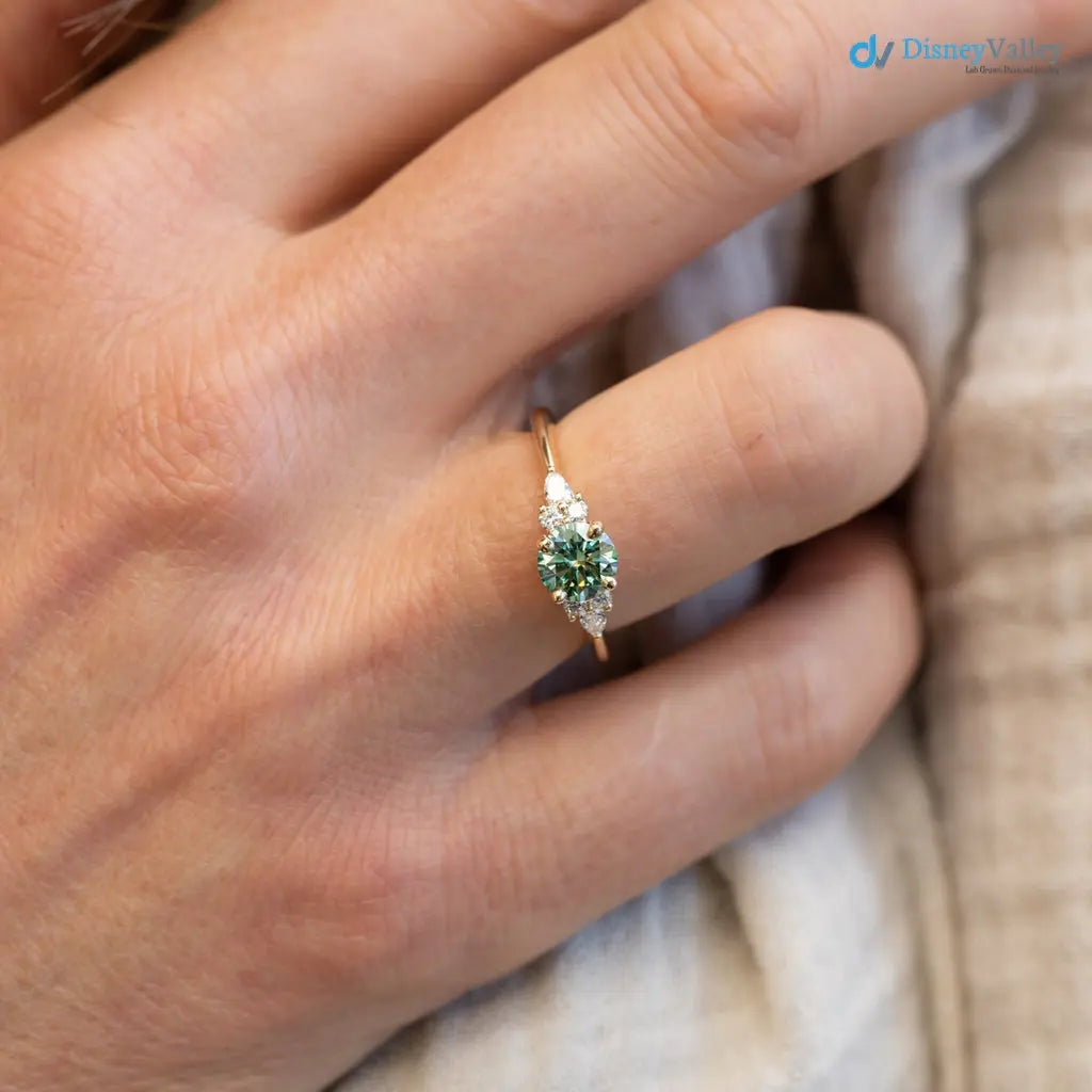Round Cut green vivid color lab diamond accented engagement ring - DisneyValley