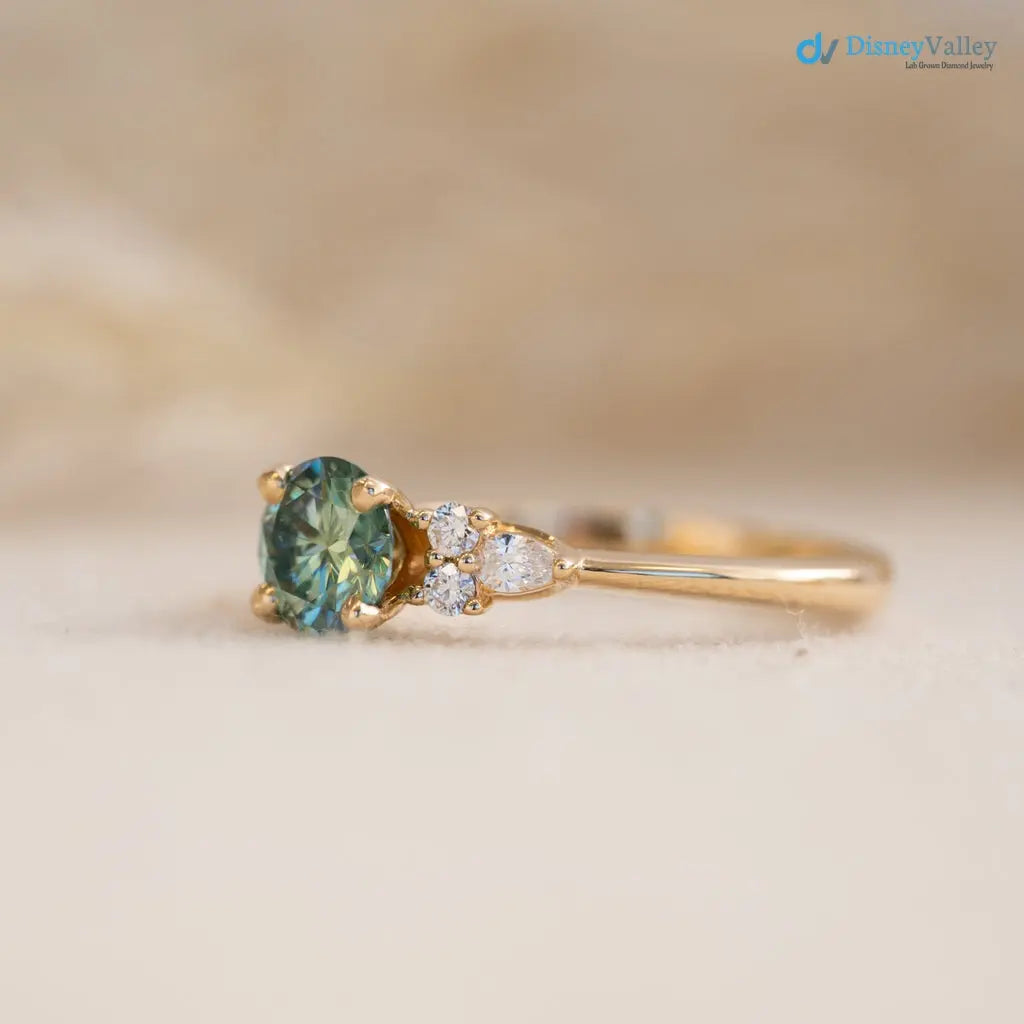 Round Cut green vivid color lab diamond accented engagement ring - DisneyValley