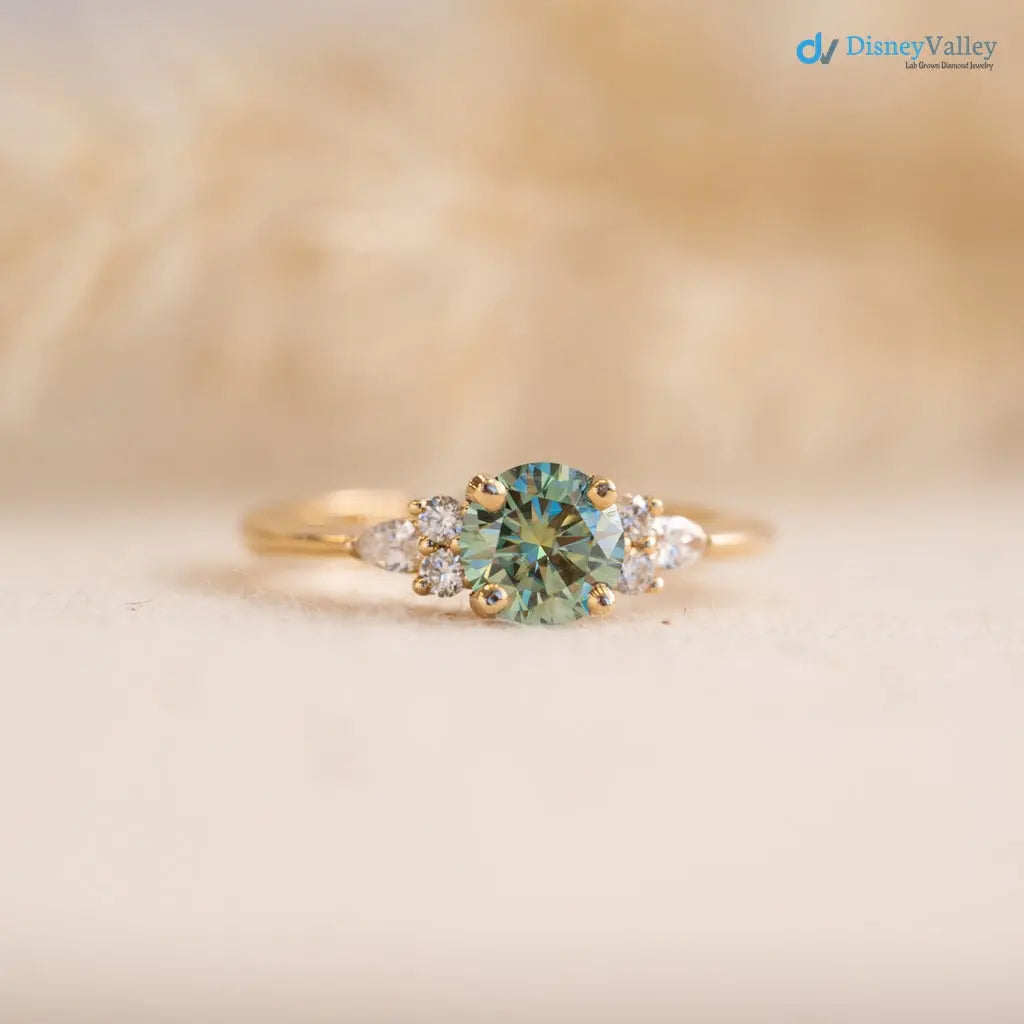 Round Cut green vivid color lab diamond accented engagement ring - DisneyValley