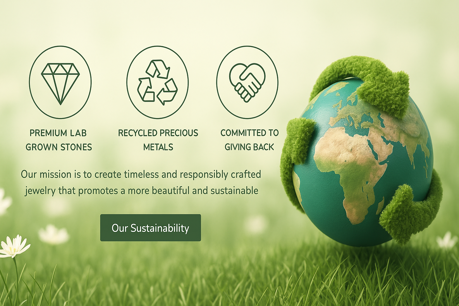 Sustainability banner with eco-friendly messaging, featuring three circular icons for lab grown stones, recycled metals, and giving back, alongside a grass-covered Earth globe on a natural background with flowers