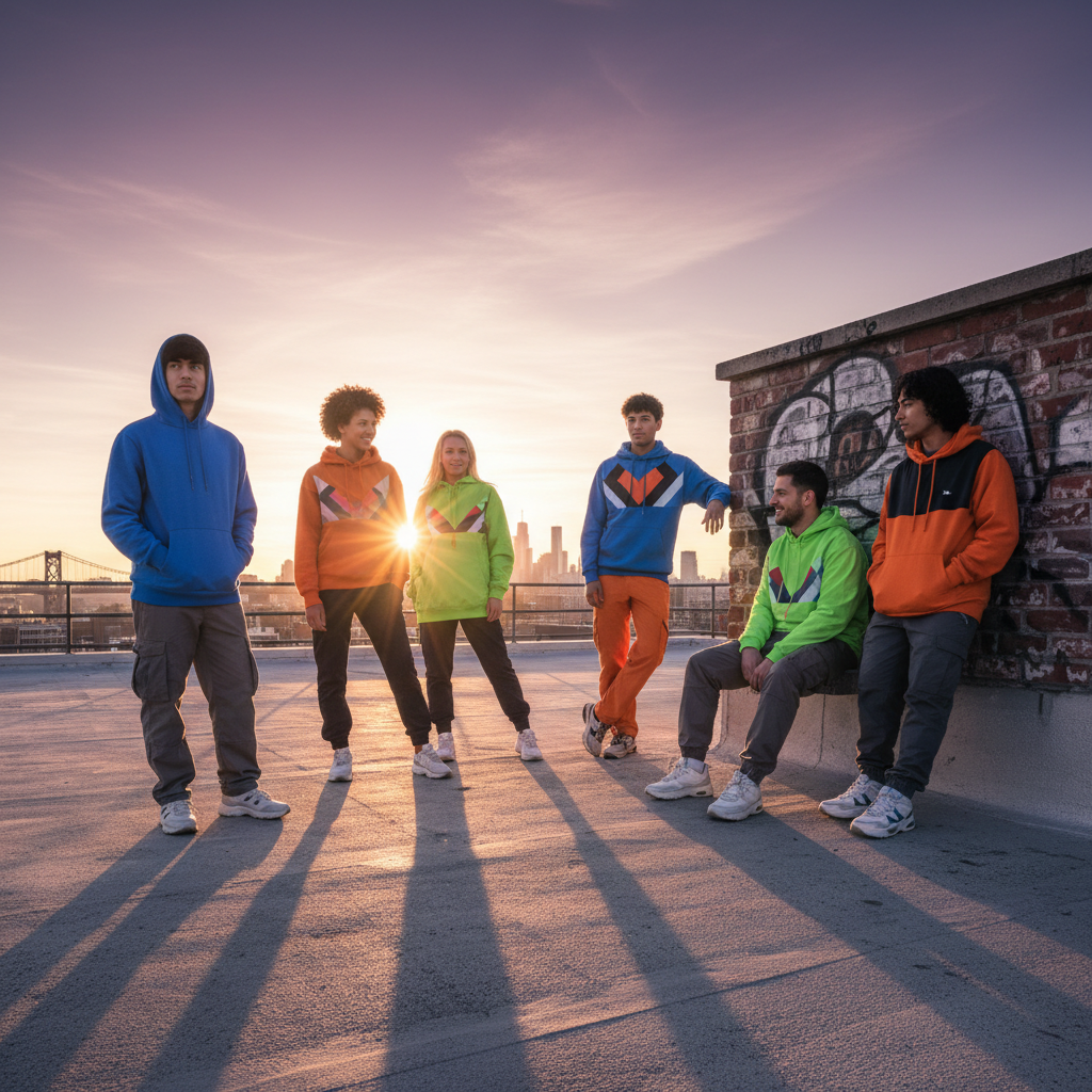 group of young adults in colorful streetwear on a sunlit city rooftop