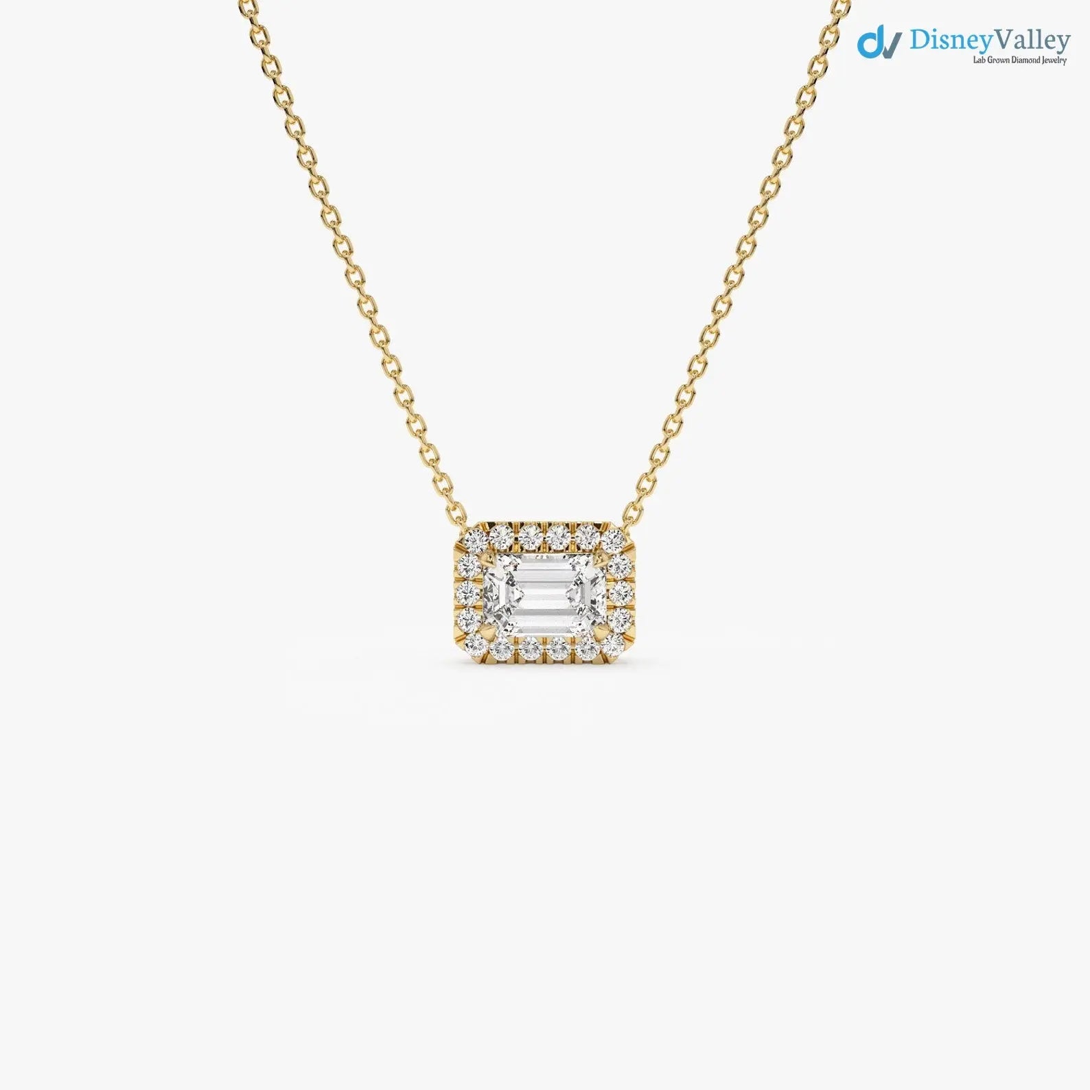 0.90 ctw 14K Gold Halo Setting Emerald Cut Lab Grown Diamond Necklace DisneyValley Main image
