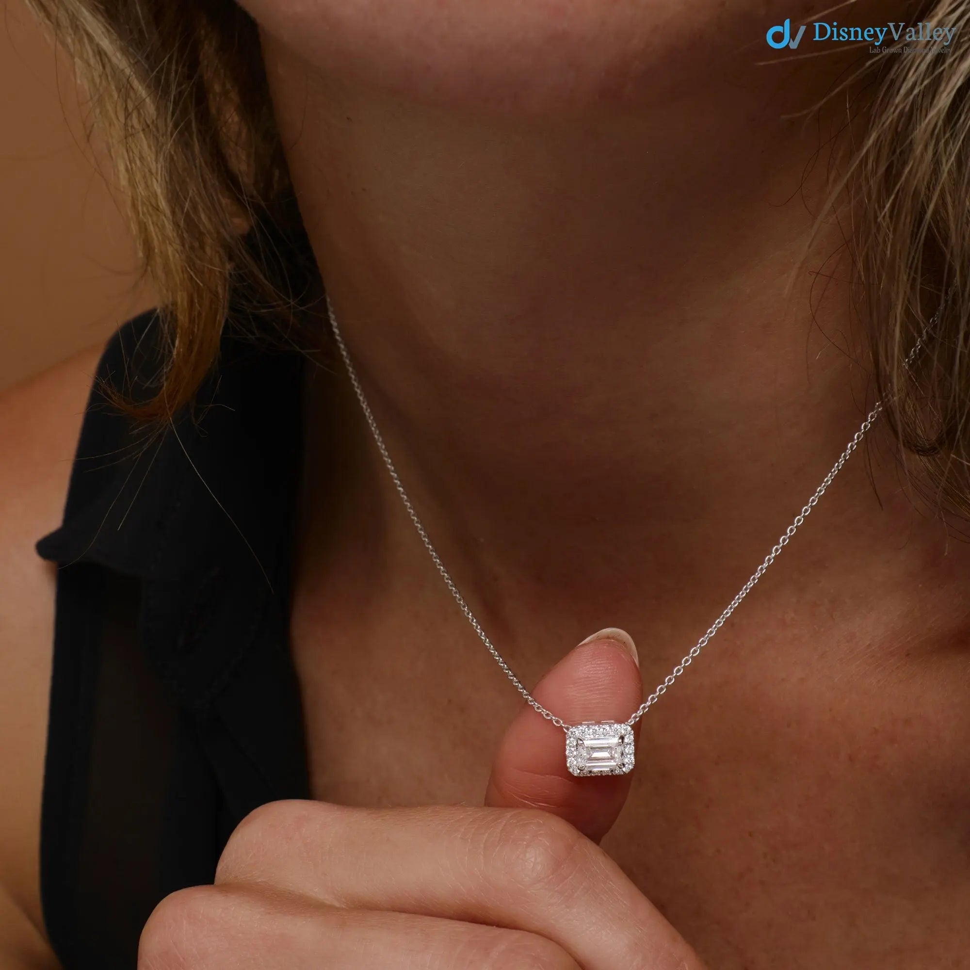 0.90 ctw 14K Gold Halo Setting Emerald Cut Lab Grown Diamond Necklace DisneyValley