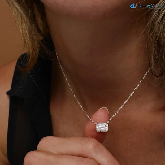 0.90 ctw 14K Gold Halo Setting Emerald Cut Lab Grown Diamond Necklace DisneyValley