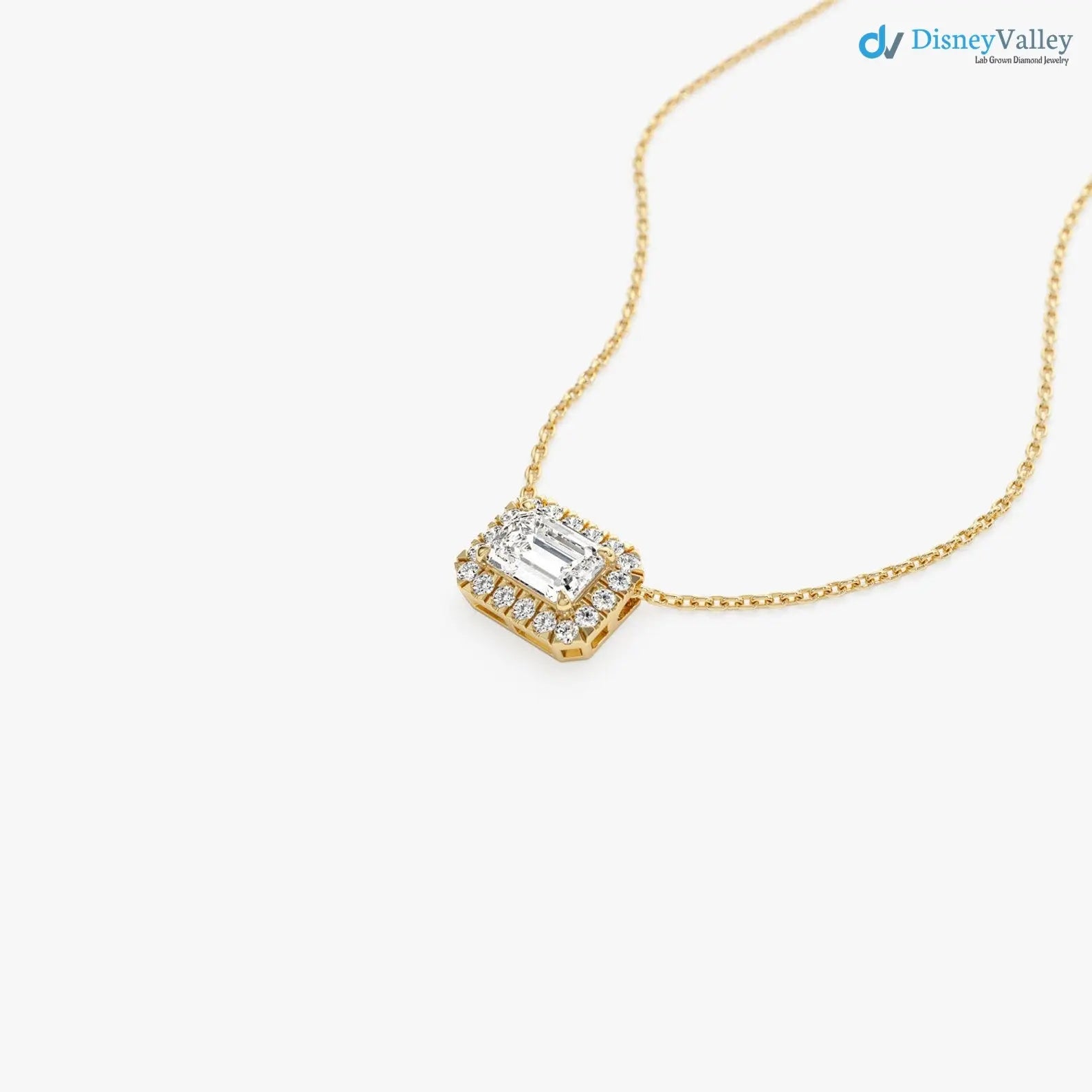 0.90 ctw 14K Gold Halo Setting Emerald Cut Lab Grown Diamond Necklace DisneyValley