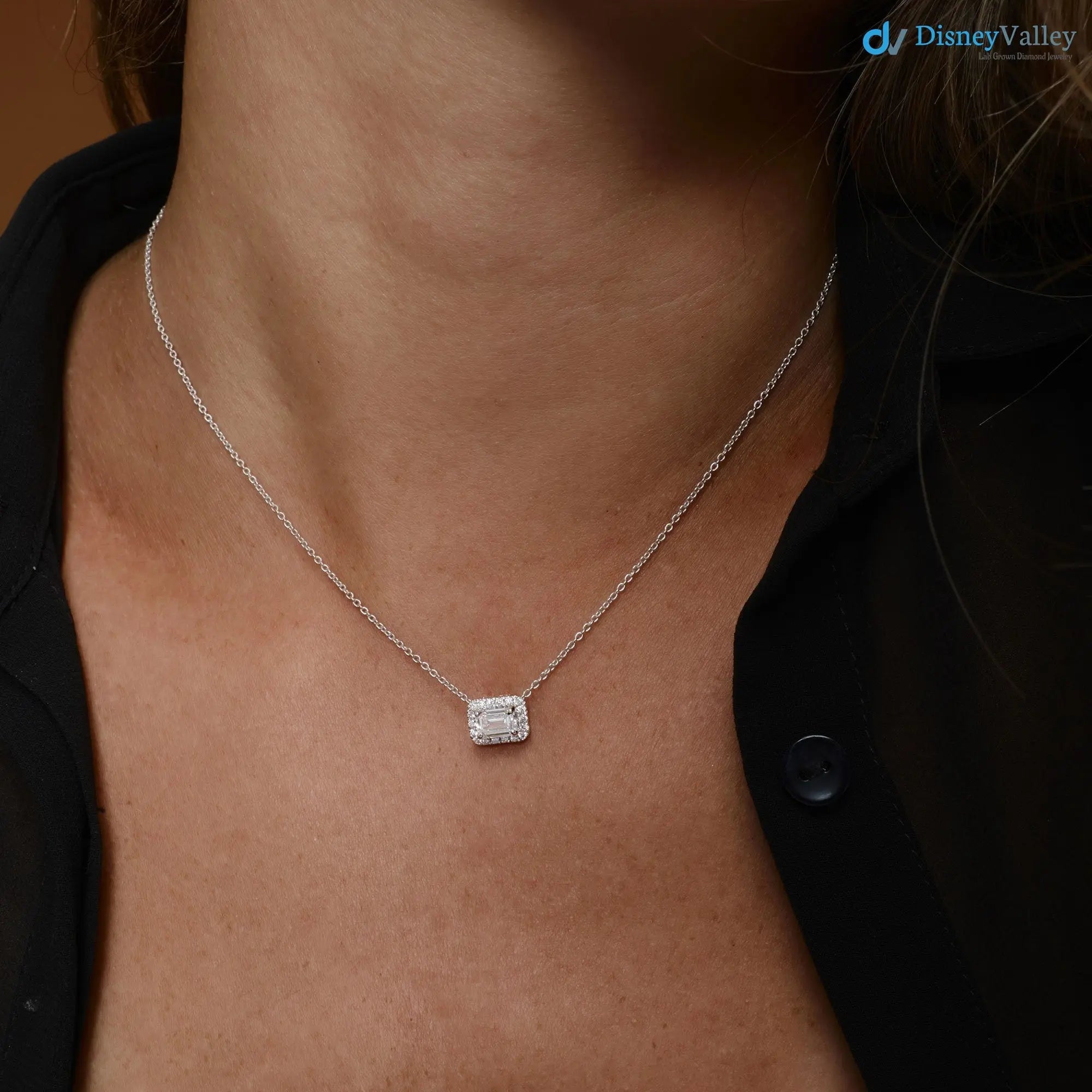 0.90 ctw 14K Gold Halo Setting Emerald Cut Lab Grown Diamond Necklace DisneyValley