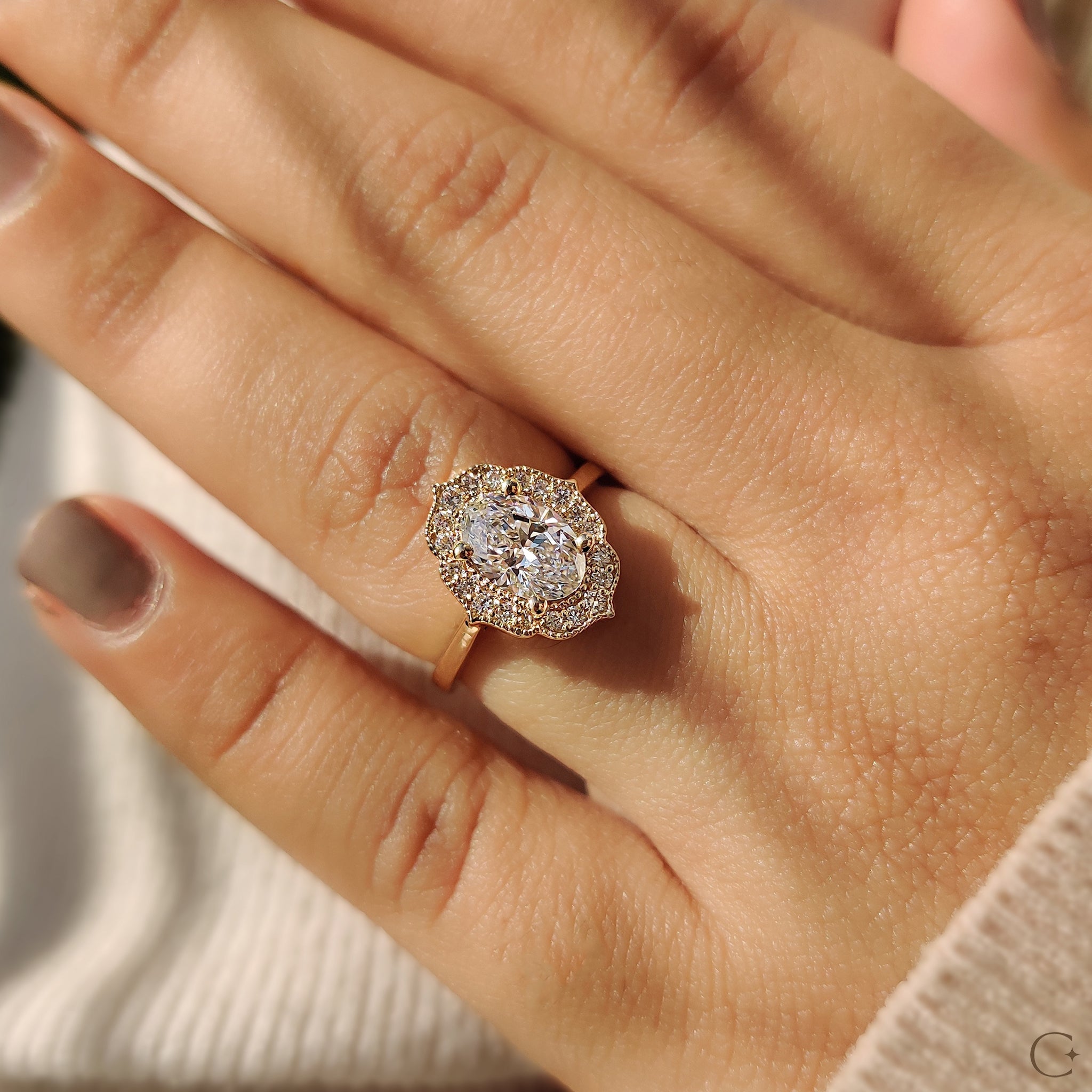 Oval Shaped Engagement Ring In Halo Milgrain Style