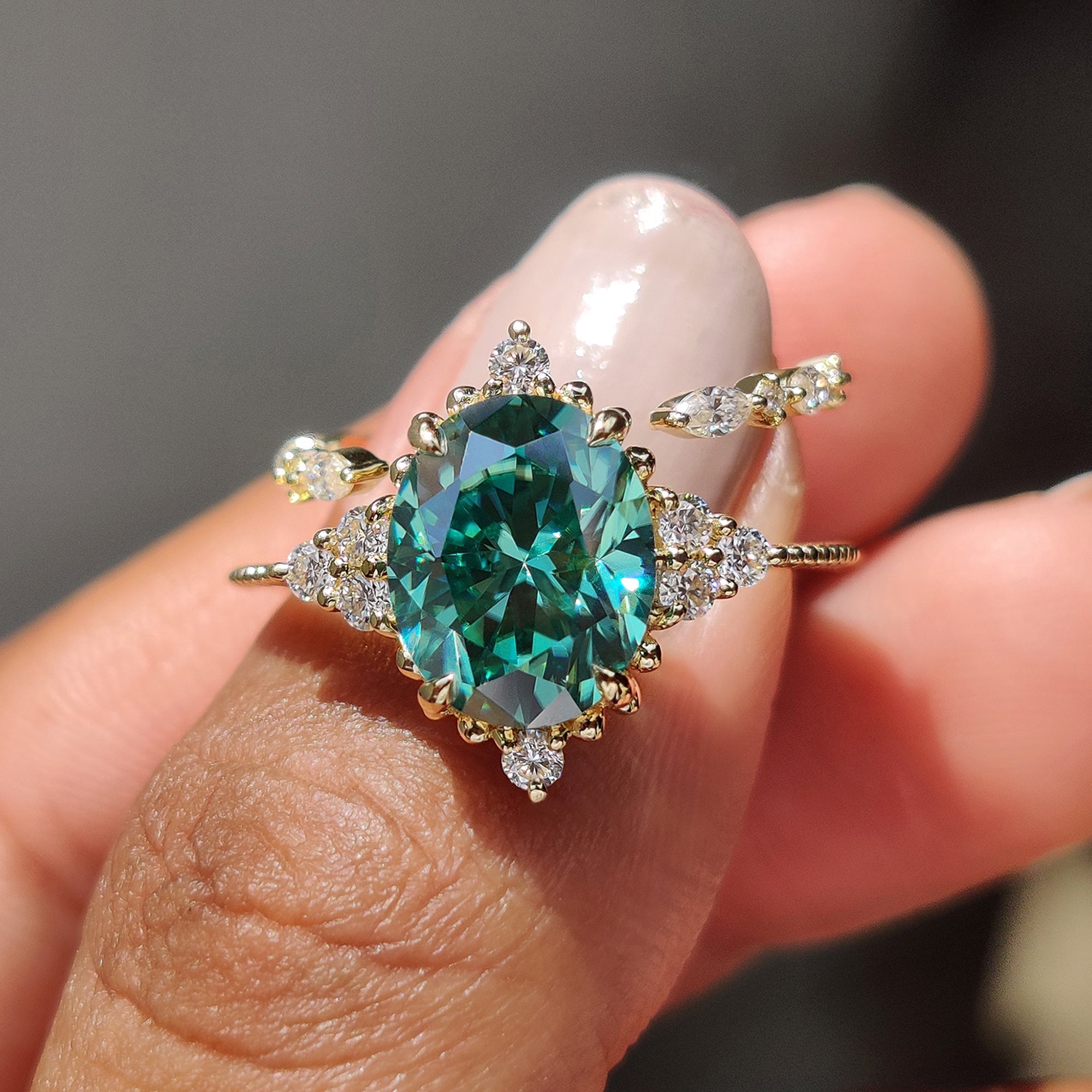 Oval Cut Yellow Gold Bridal Set With Marquise Open Gap Band