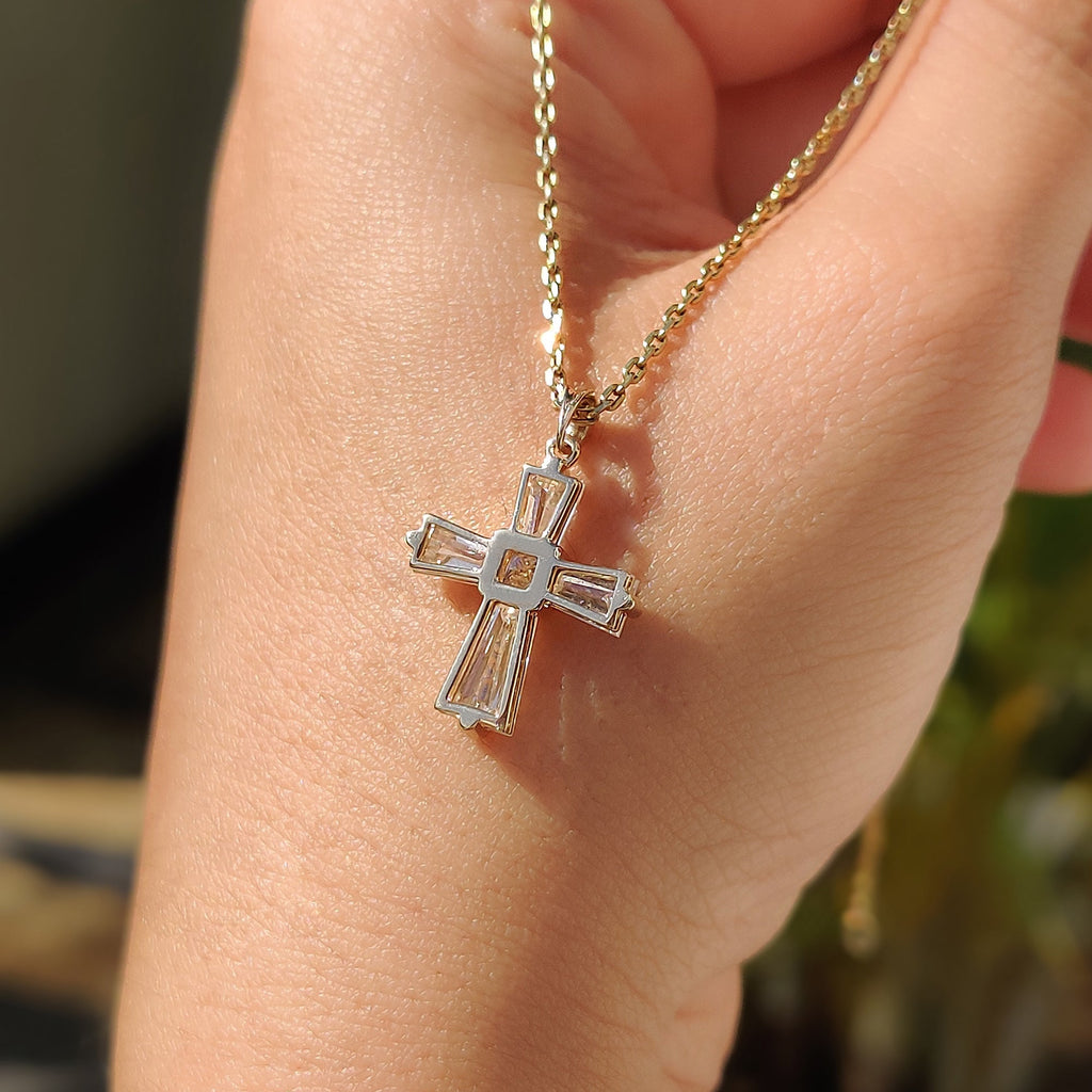 Tapered Baguette Moissanite Gold Cross Pendant