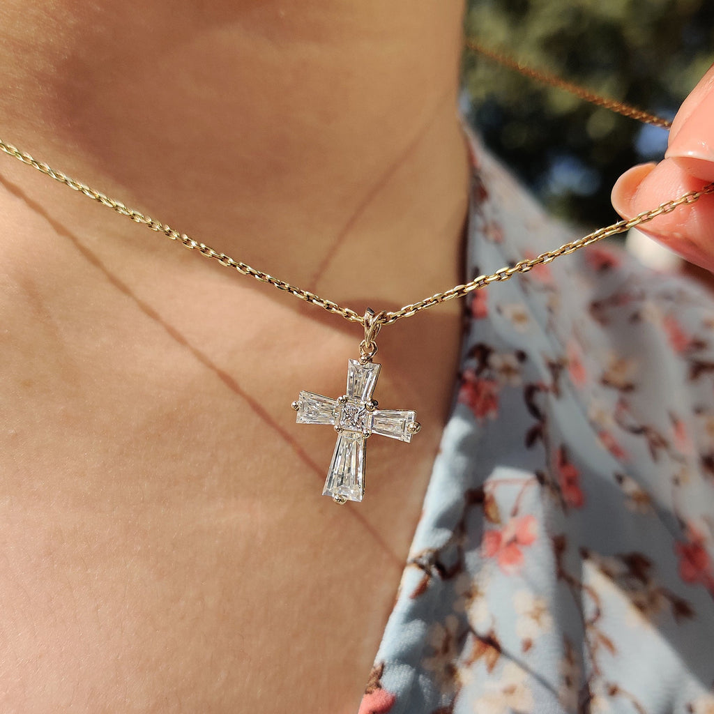Tapered Baguette Moissanite Gold Cross Pendant