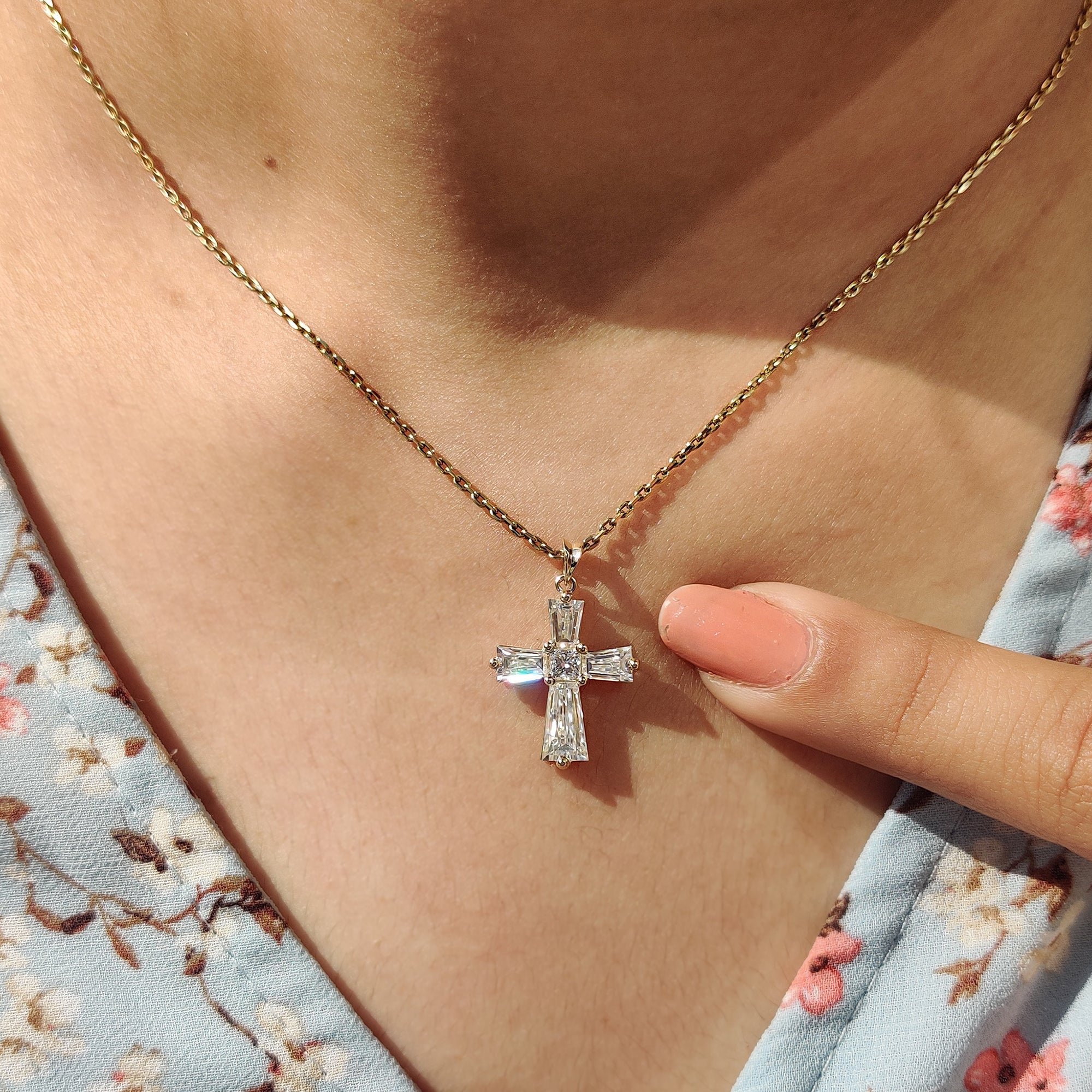 Tapered Baguette Moissanite Gold Cross Pendant