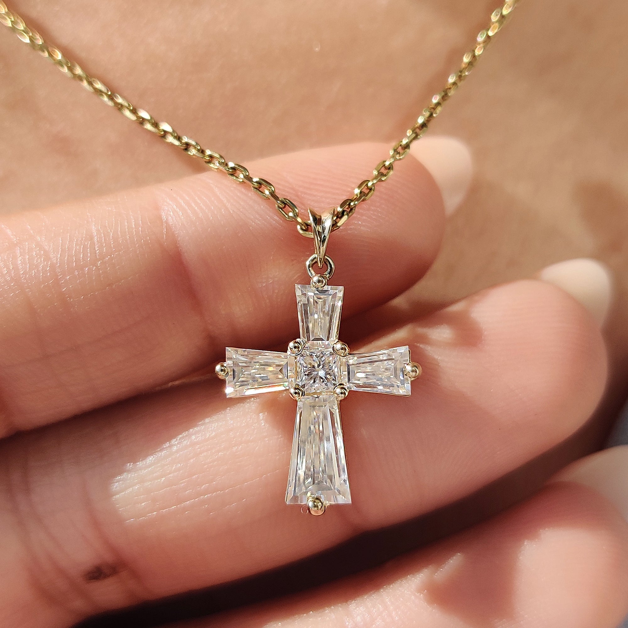 Tapered Baguette Moissanite Gold Cross Pendant