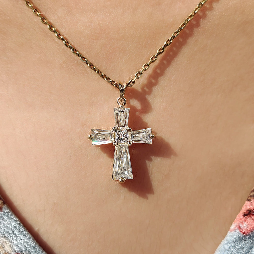 Tapered Baguette Moissanite Gold Cross Pendant