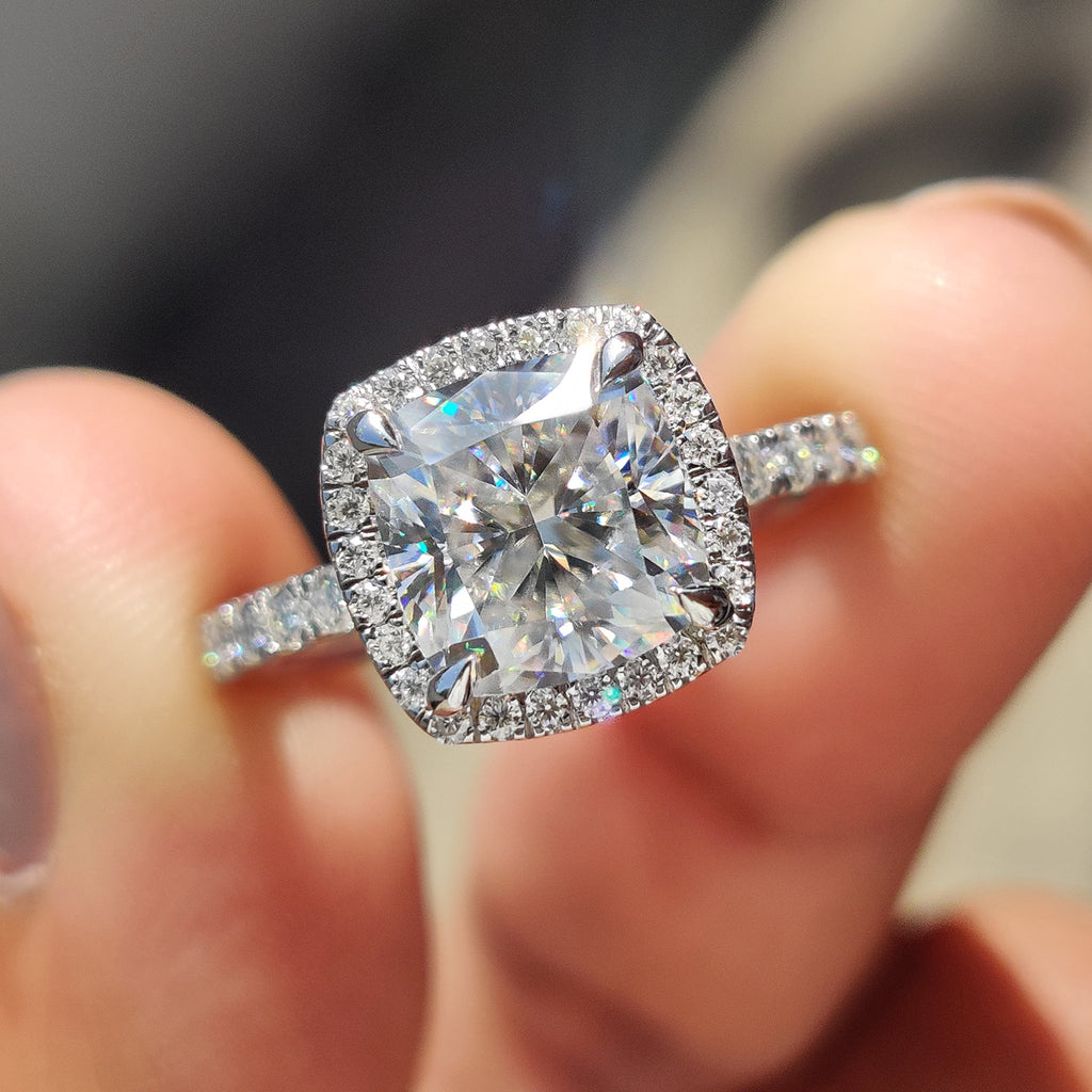 Cushion Cut Halo Engagement Ring in a Pave Band Style