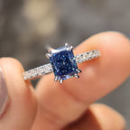Radiant Cut Blue Moissanite Ring In Pave Setting