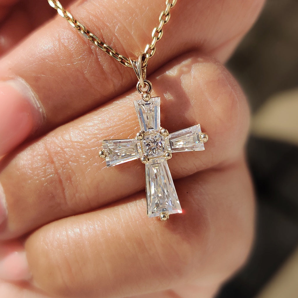 Tapered Baguette Moissanite Gold Cross Pendant