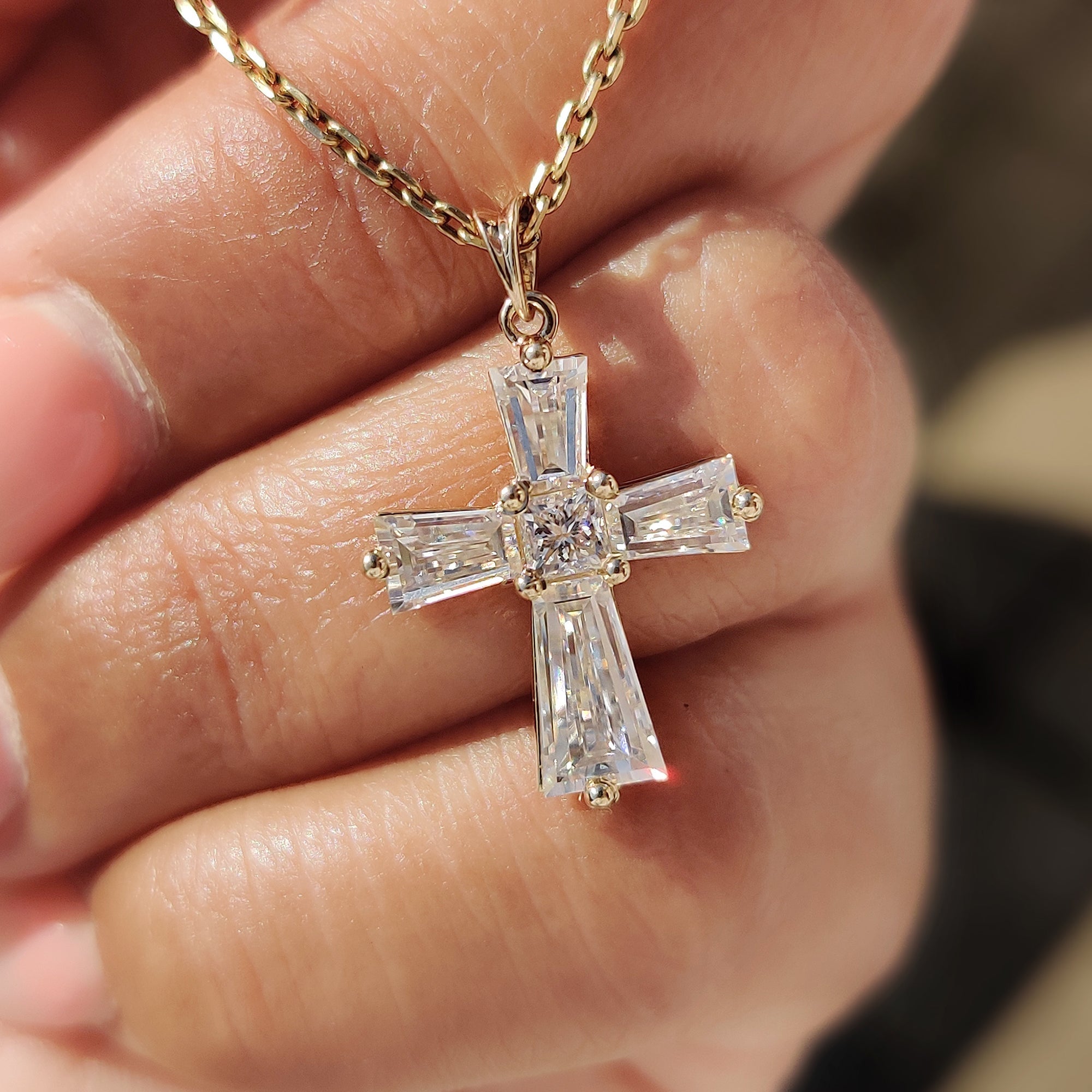 Tapered Baguette Moissanite Gold Cross Pendant