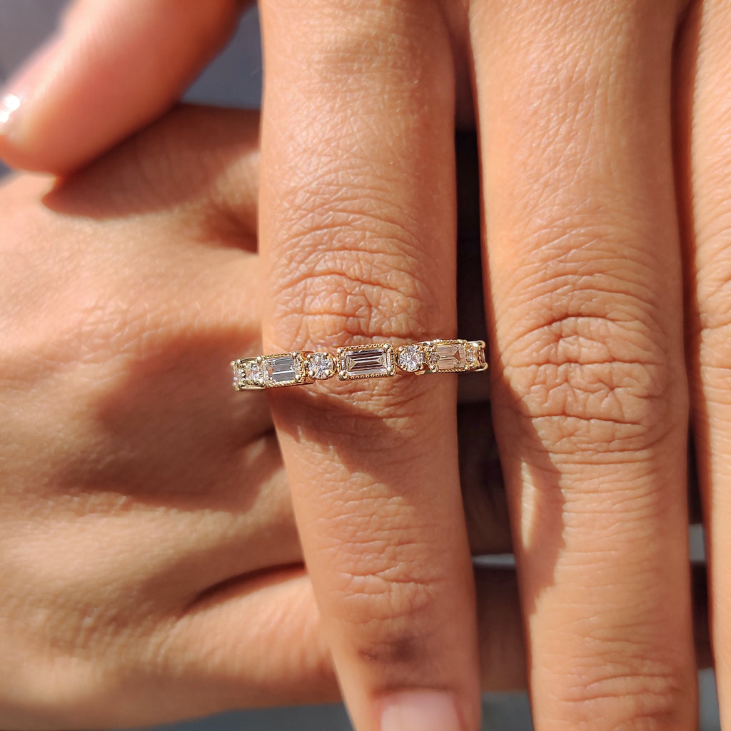 Baguette And Round Wedding Band In Milgrain Setting