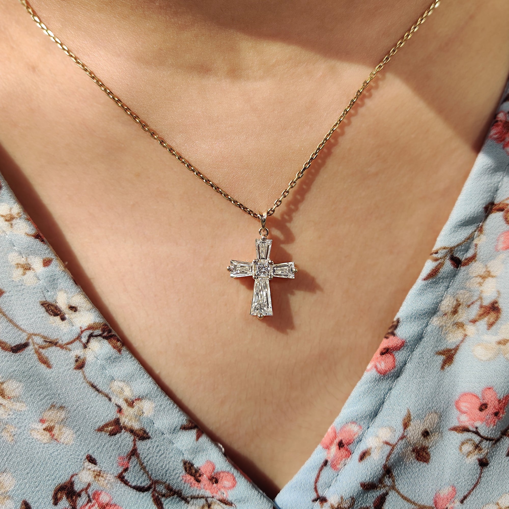 Tapered Baguette Moissanite Gold Cross Pendant