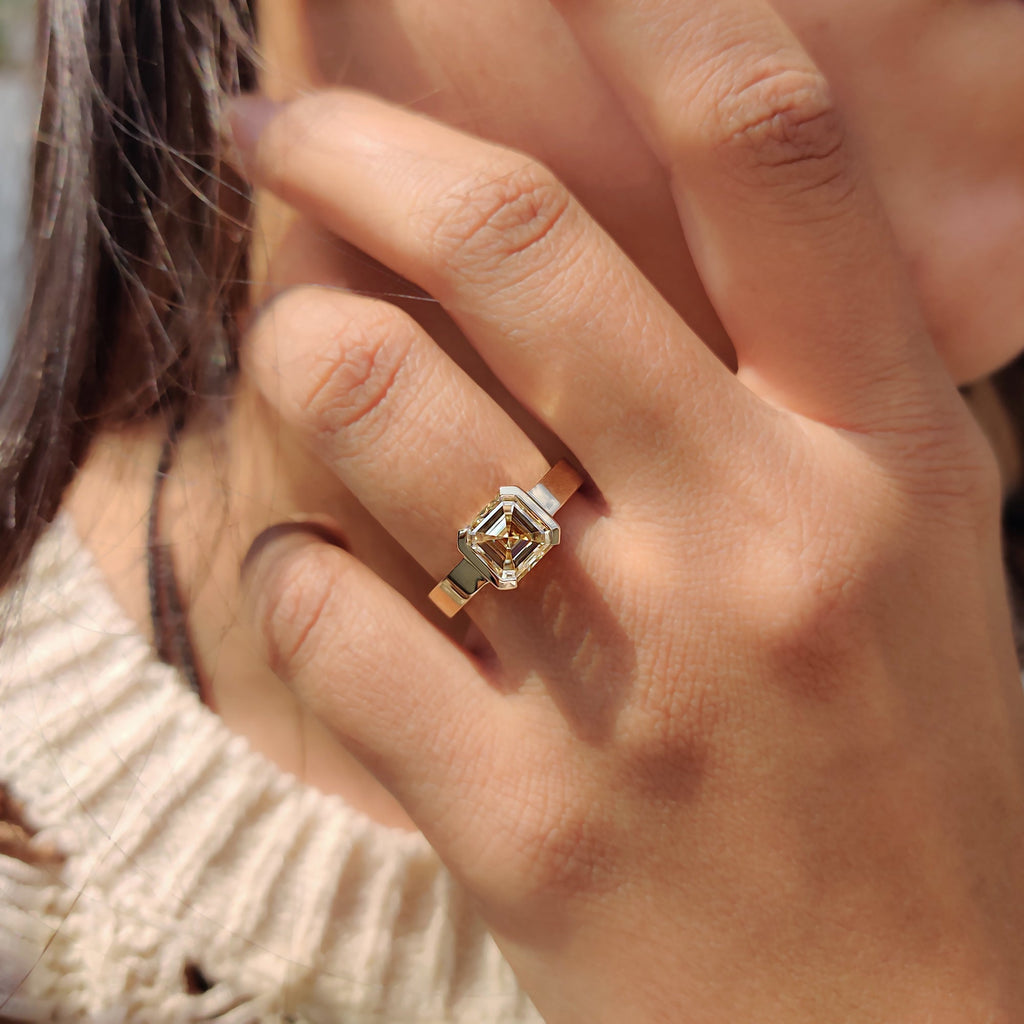 Asscher cut engagement ring in semi bezel setting