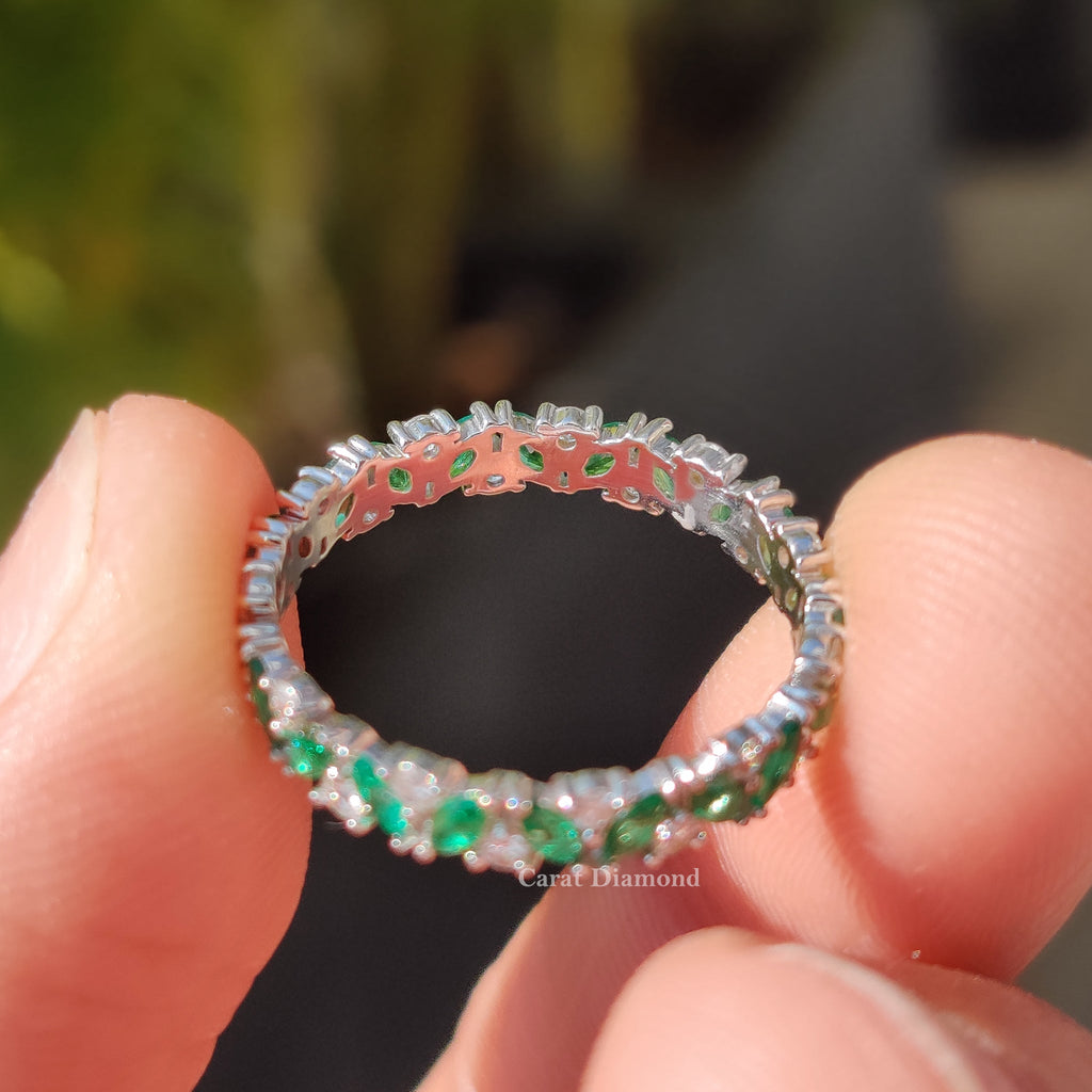 Marquise Cut Green Emerald Zig Zag Wedding Band