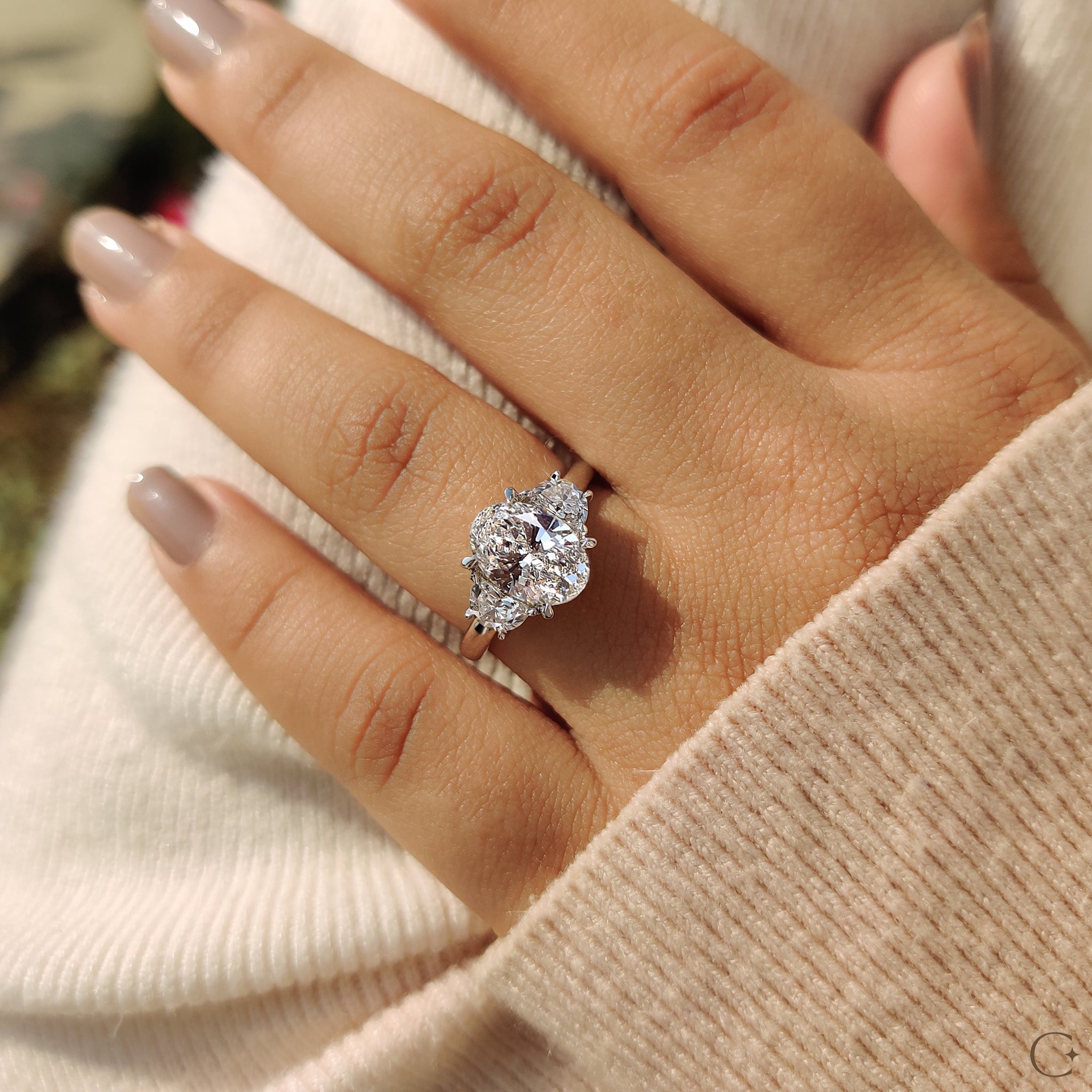 Three Stone Oval Engagement Ring With Half Moon Cut Secondary image