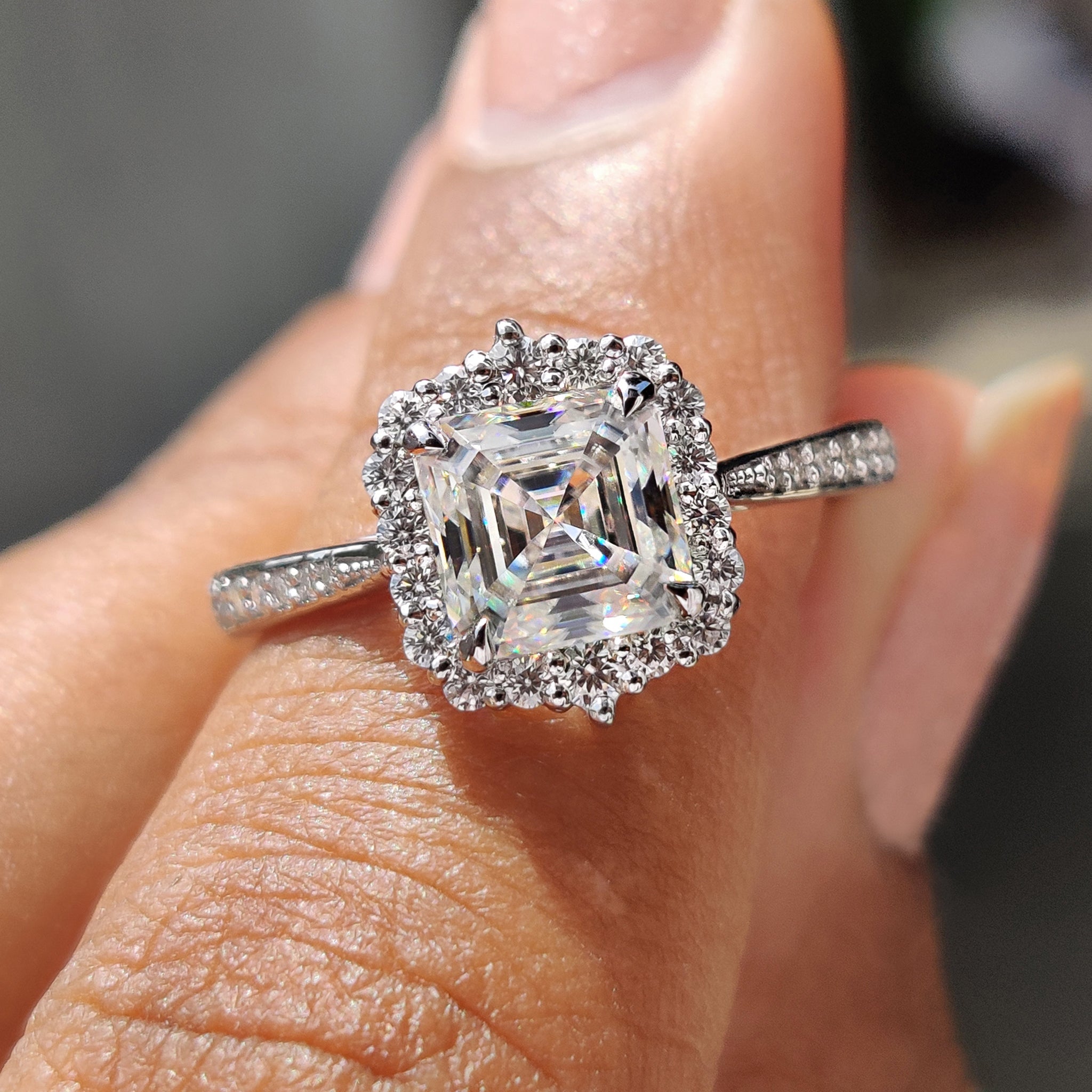 Asscher Cut Moissanite Ring In Tapered Pave Band Main image