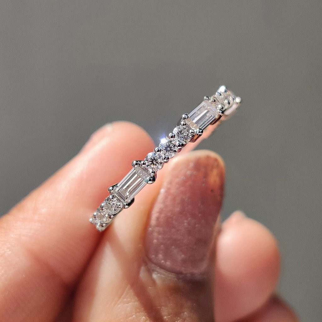 Baguette And Round Moissanite Band with Half Eternity design