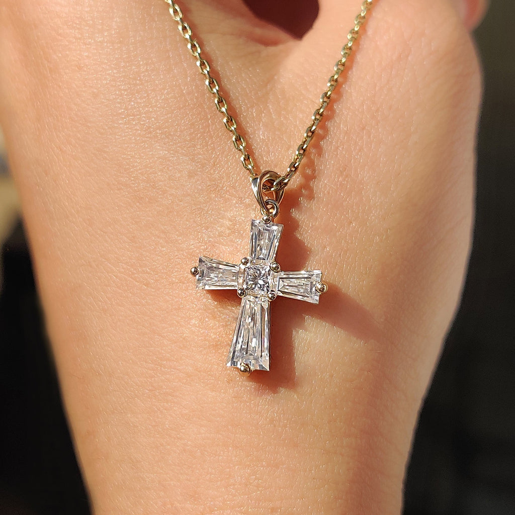 Tapered Baguette Moissanite Gold Cross Pendant