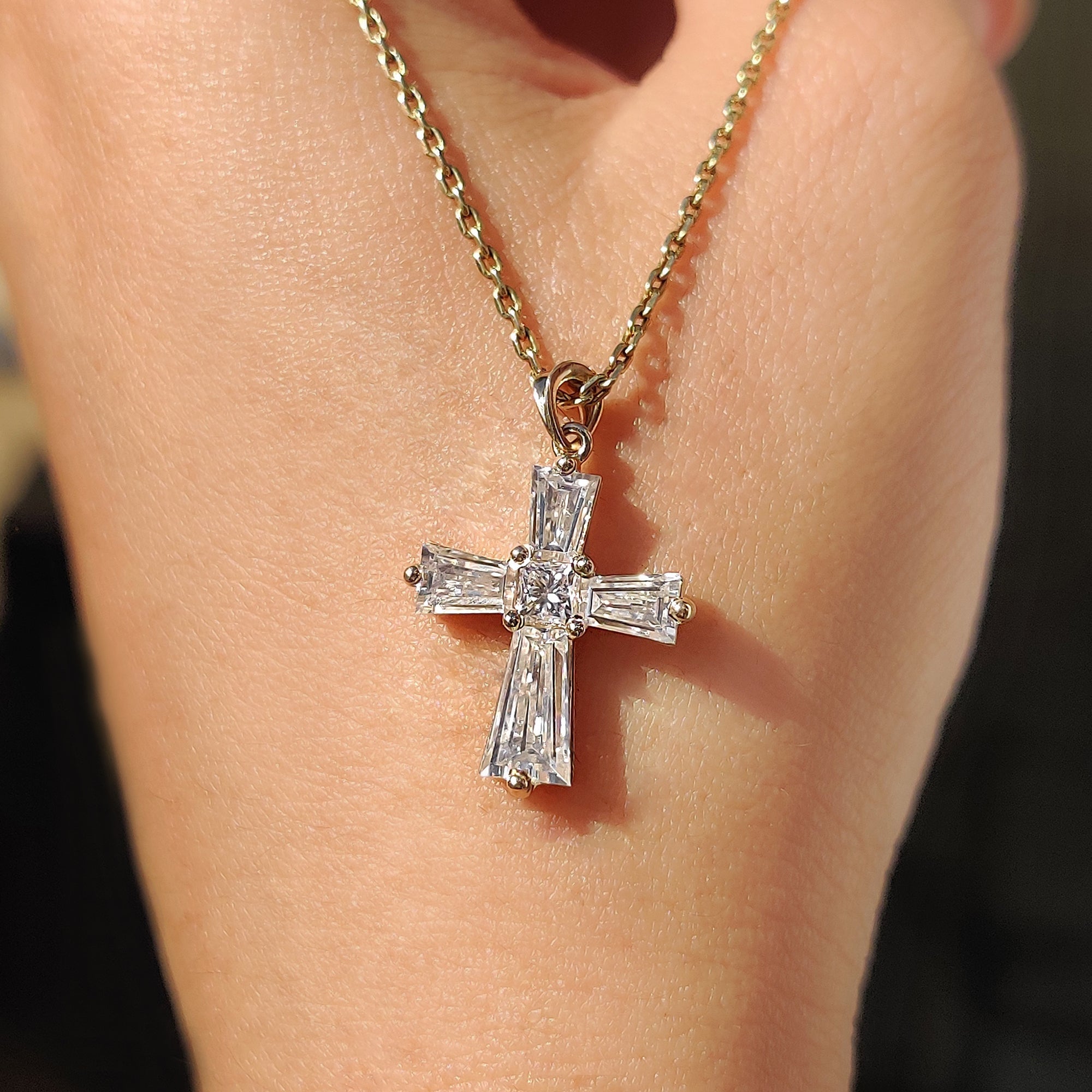 Tapered Baguette Moissanite Gold Cross Pendant