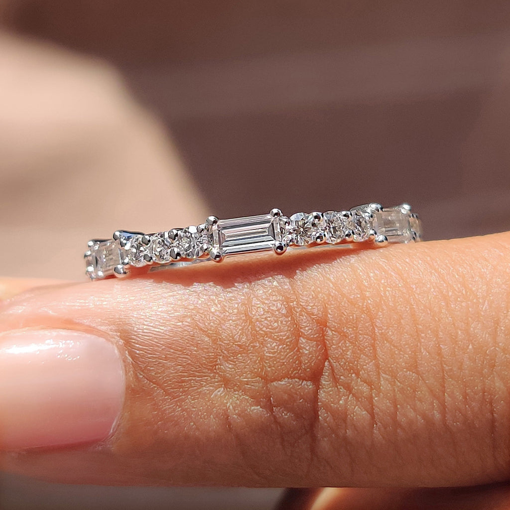 Baguette And Round Moissanite Band with Half Eternity design